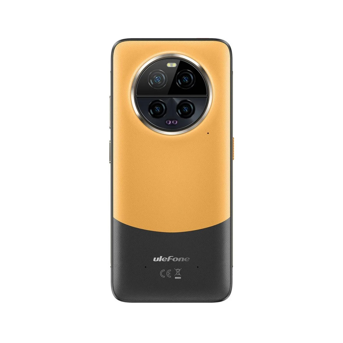 Tył żółto-czarnego smartfona z okrągłą soczewką aparatu.