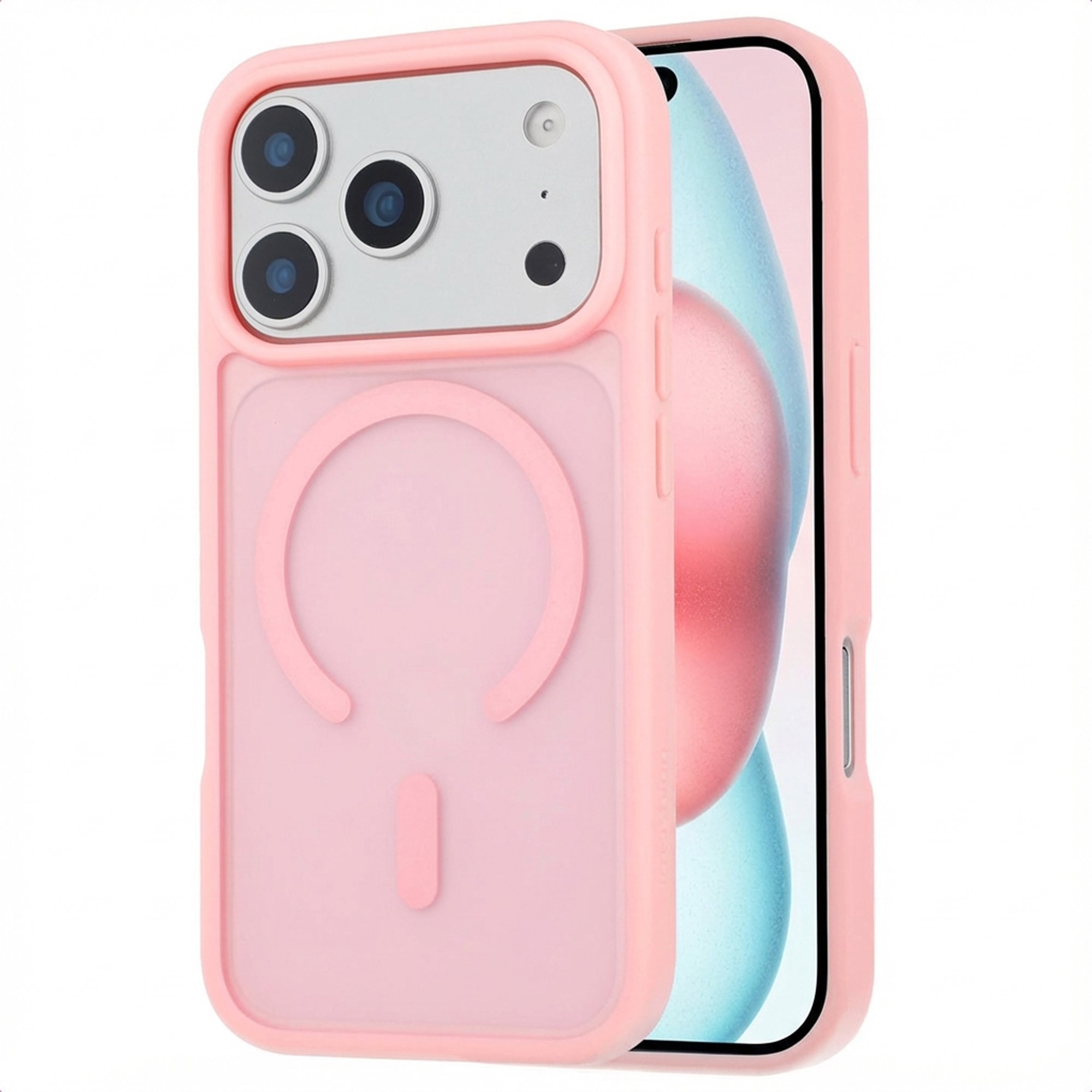 Roze iPhone hoesje met cameramodule en cirkelvormige opdruk.