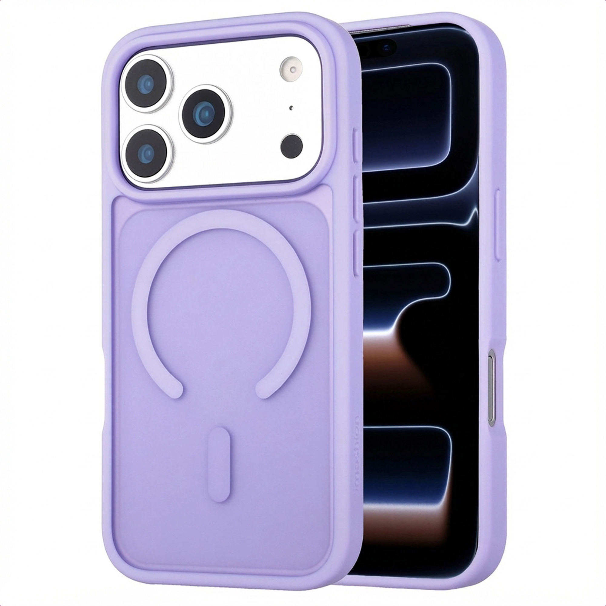 Lavendelkleurige iPhone case met drie cameralenzen en MagSafe-ring.