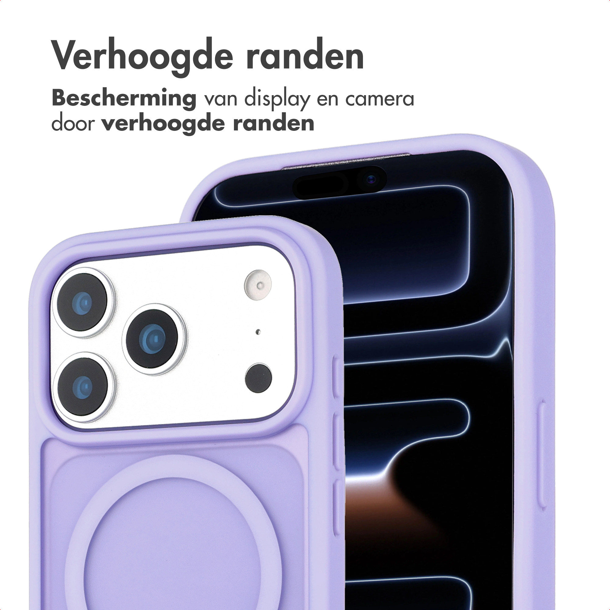 Paarse telefoonhoes met verhoogde randen beschermt camera en display.