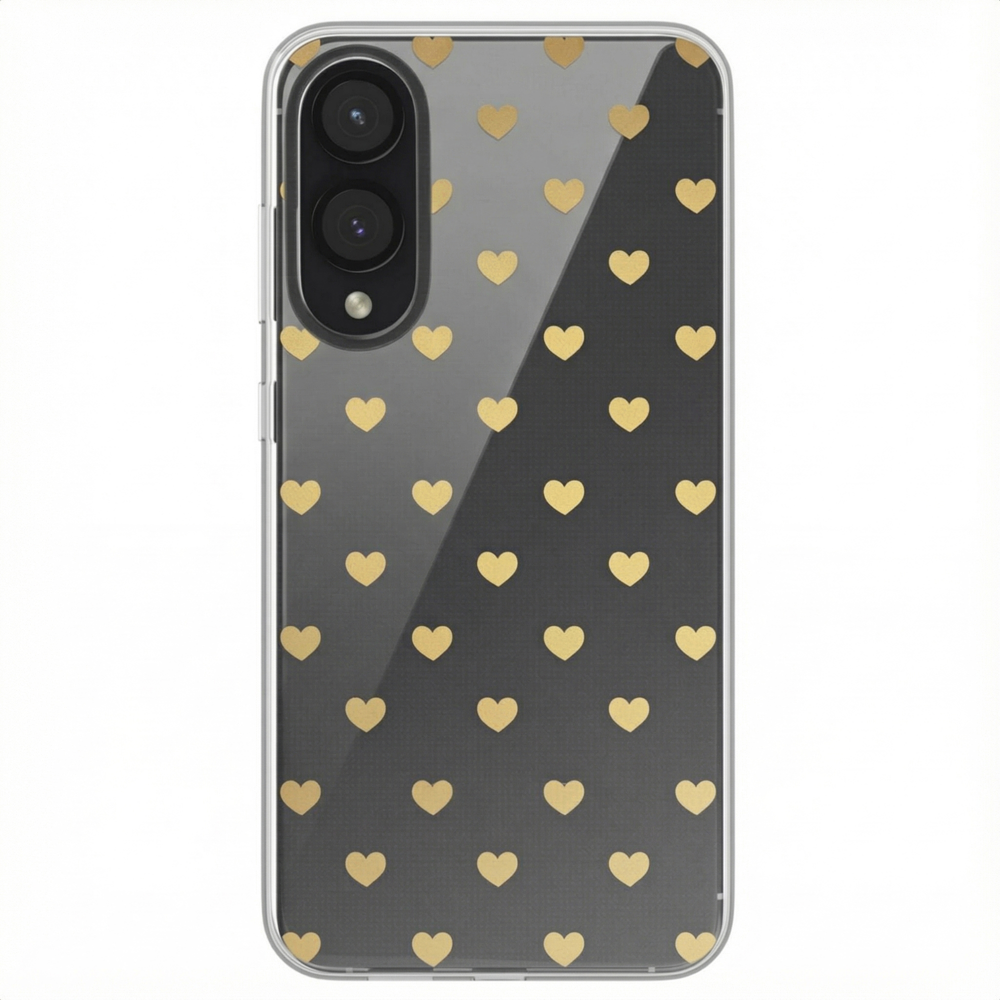 Un smartphone avec un étui transparent orné de cœurs dorés sur fond noir.