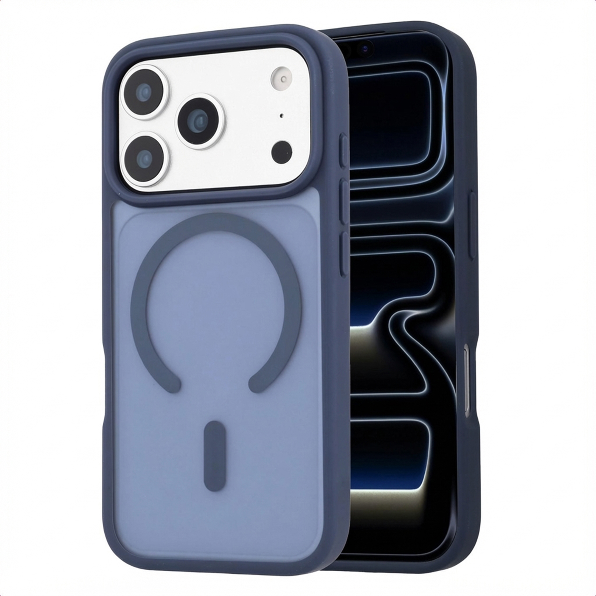 Une coque de téléphone bleue avec trois objectifs et un anneau MagSafe.