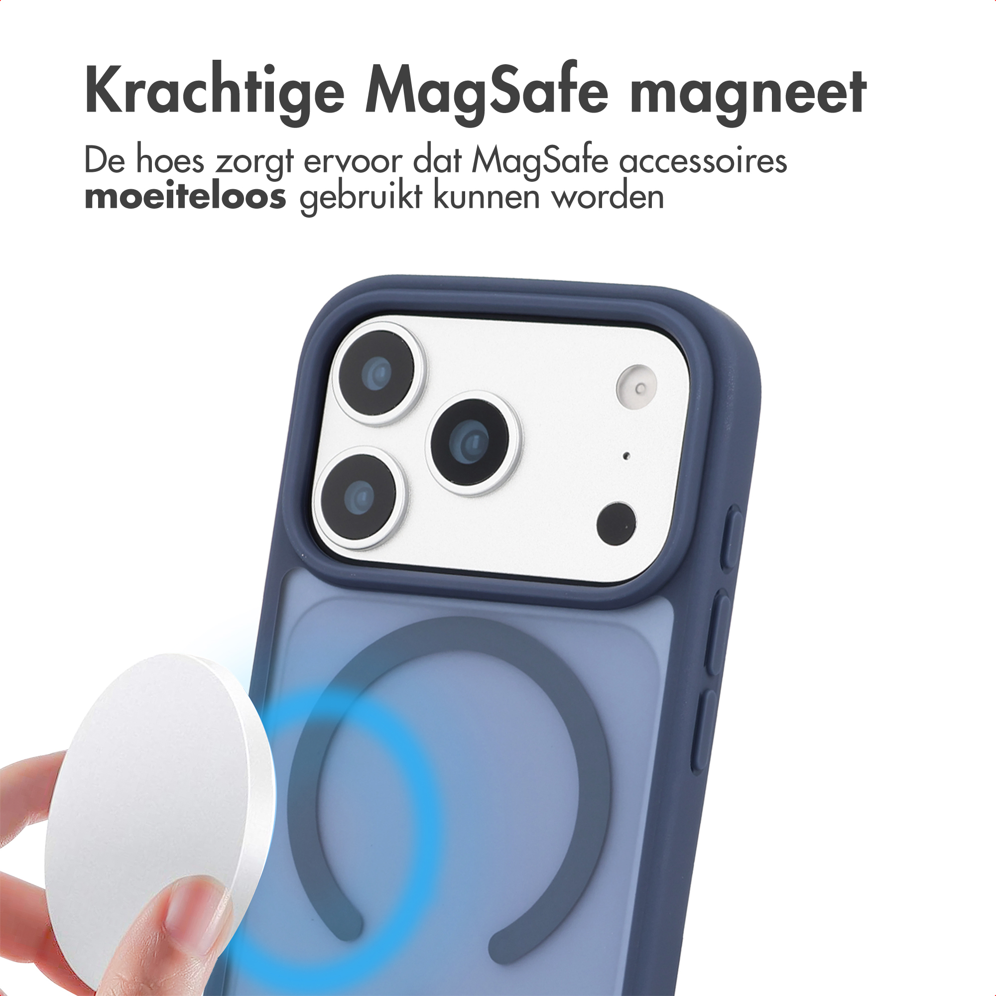 Un disque magnétique blanc s'attache à un étui de téléphone bleu.