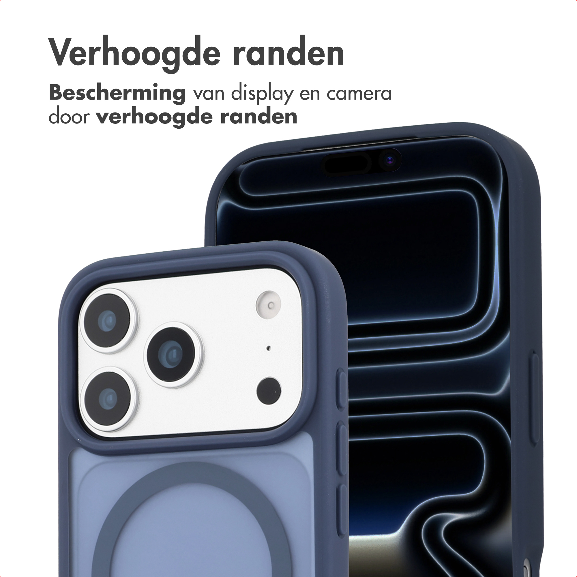 Coque de téléphone bleu foncé avec bords surélevés pour caméra.