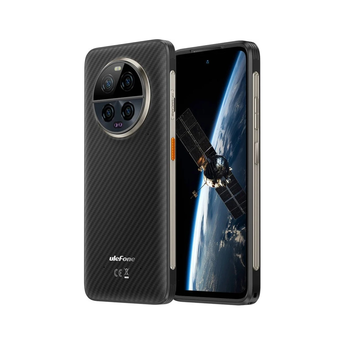 Czarny smartfon z tyłem w wzór włókna węglowego i trzema aparatami.