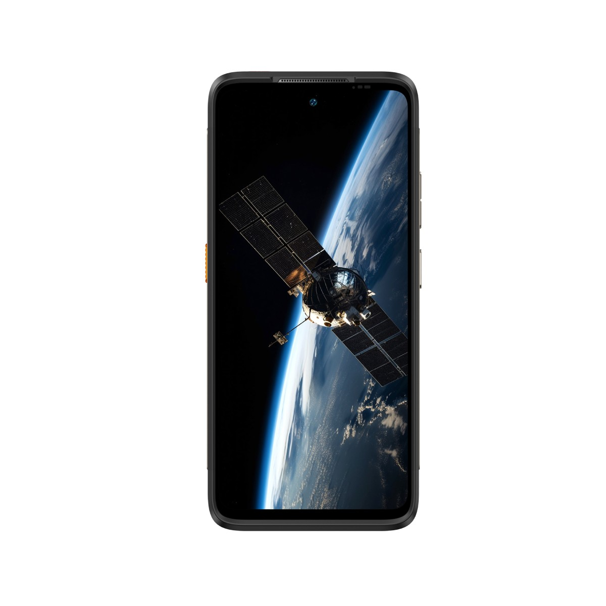 Smartfon wyświetla satelitę na tle Ziemi w kosmosie.