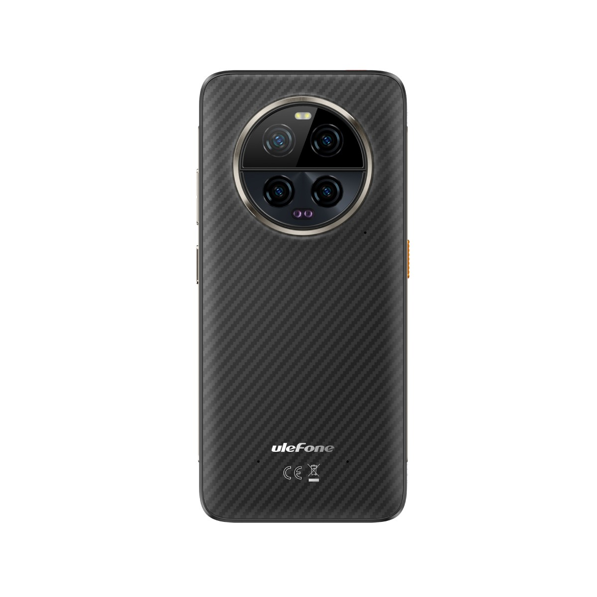 Tył czarnego smartfona ze wzorem karbonowym i okrągłym modułem kamery.