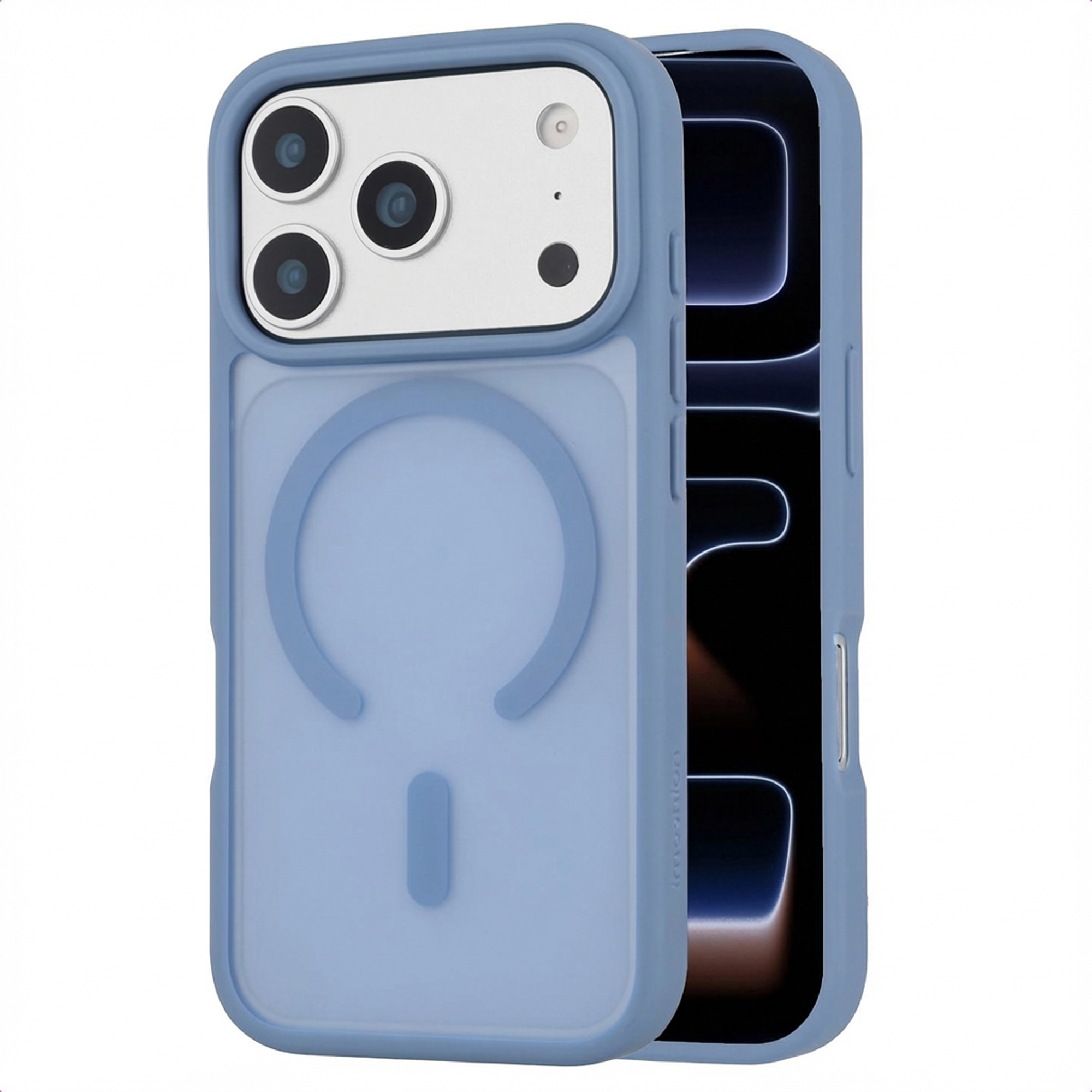 Een blauwe telefoonhoes met drie camera's. Magneetring is zichtbaar.