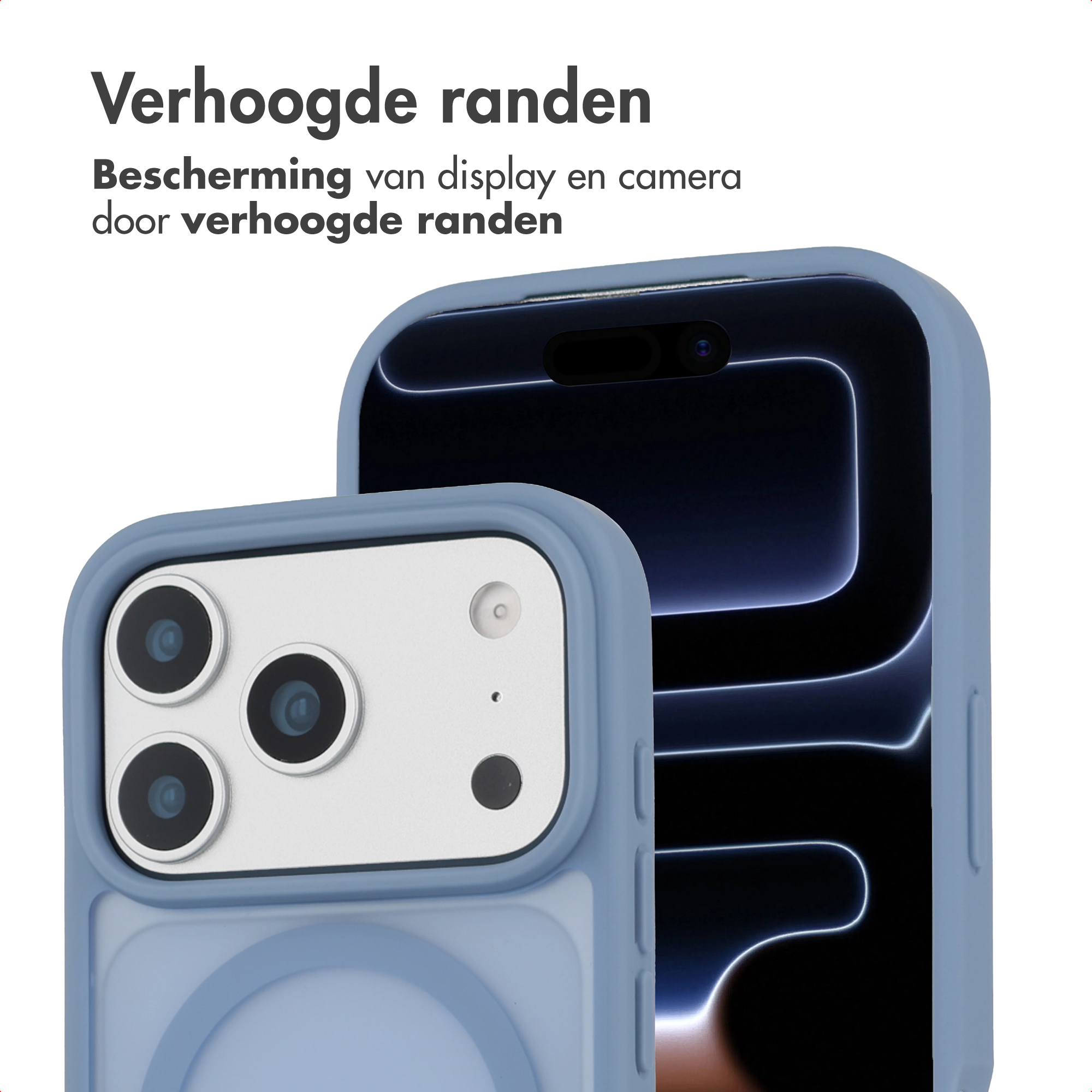 Een blauwe telefoonhoes met drie cameralenzen en een flitser.