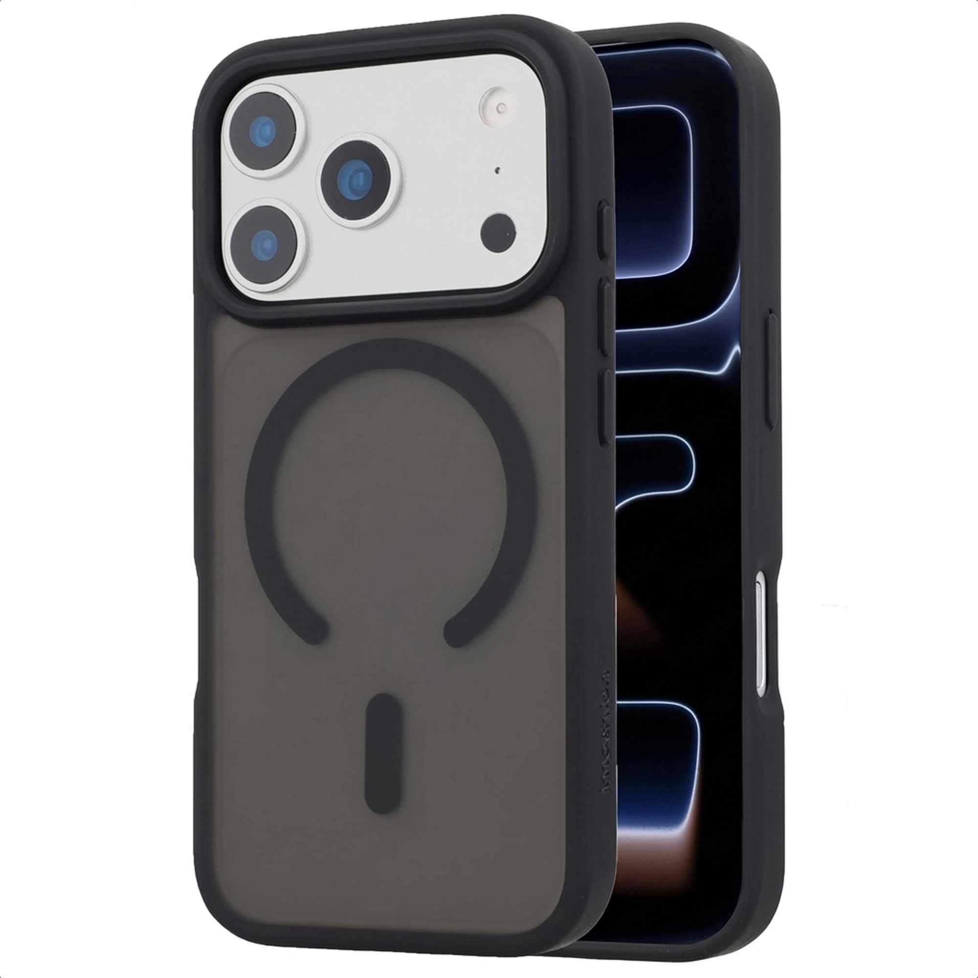 Een zwarte telefoon met drie camera's en een doorschijnende achterkant met magneetring.