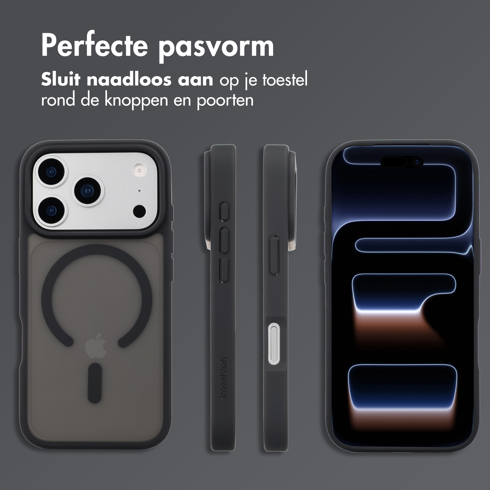 Drie weergaven van een donkere telefoonhoes met Apple-logo en iPhone-display.