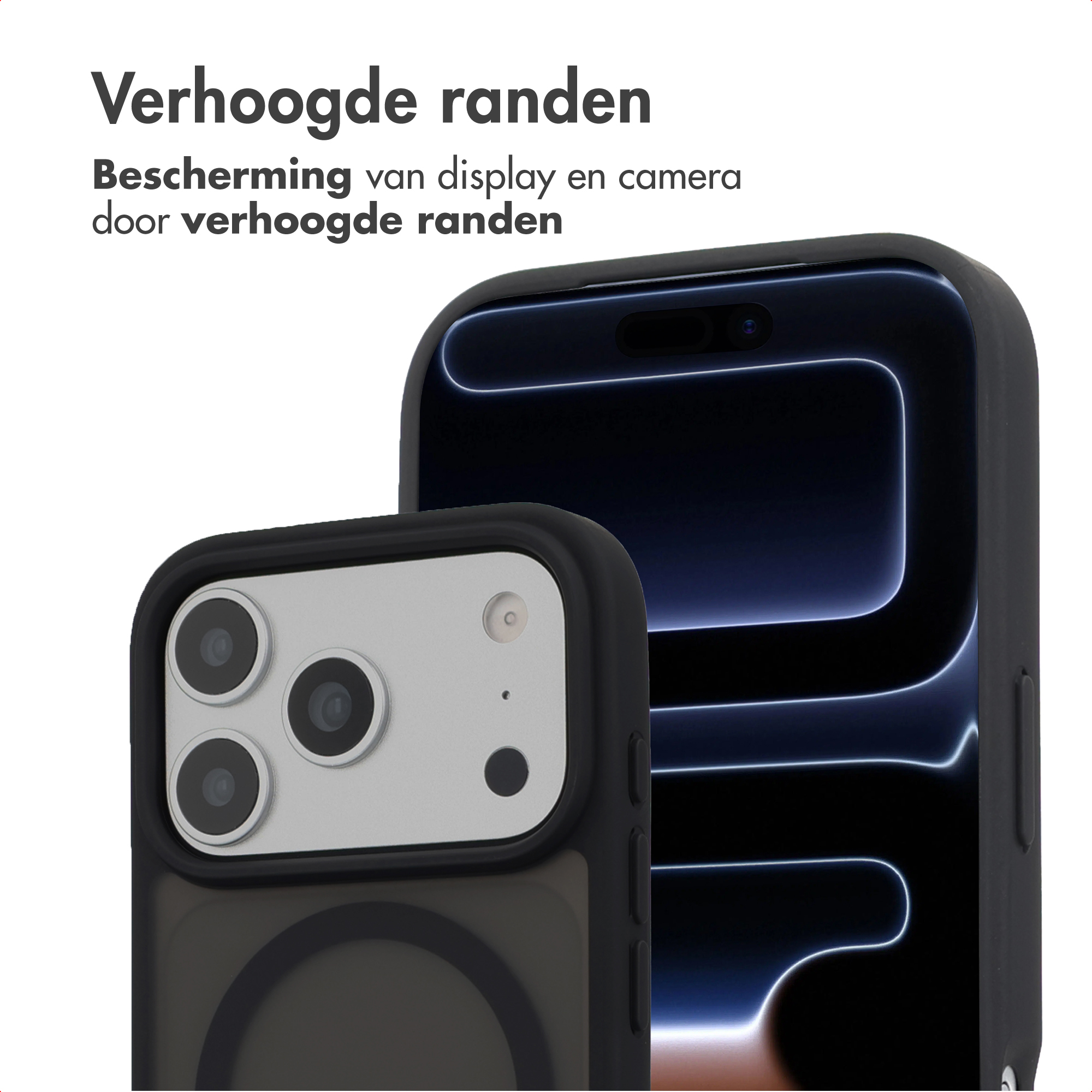 Twee zwarte telefoonhoesjes met verhoogde randen en cameralenzen.