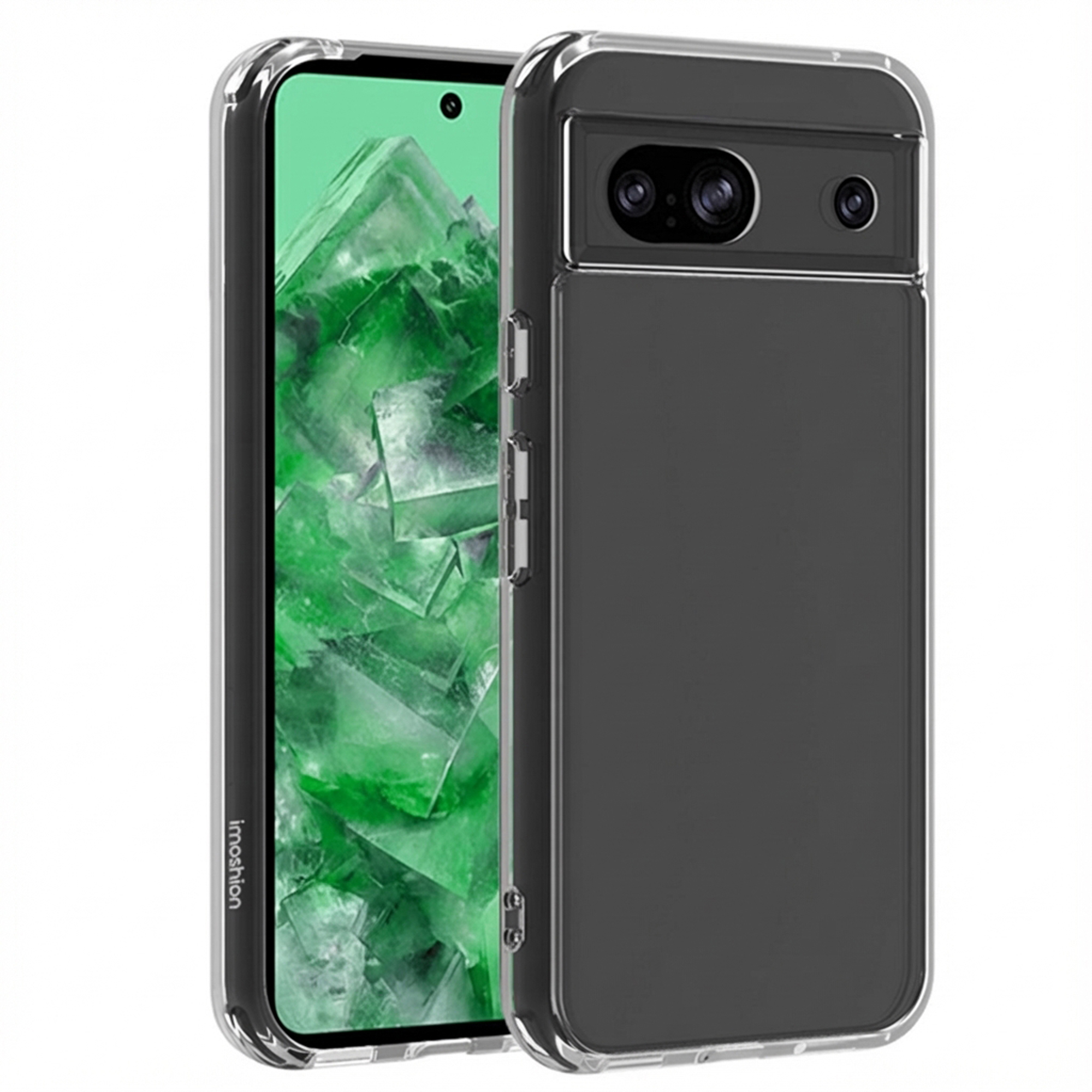 Een zwarte telefoon in een doorzichtige hoes met groene achtergrond.