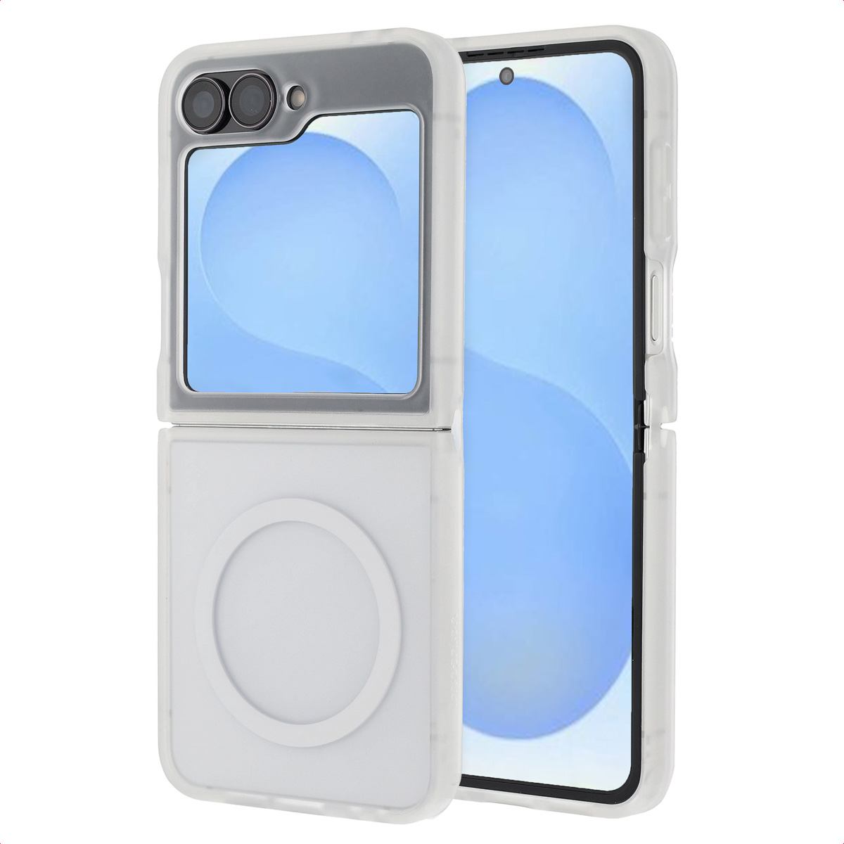 Een witte flip telefoonhoes met camera en venster. Blauw behang is binnen zichtbaar.