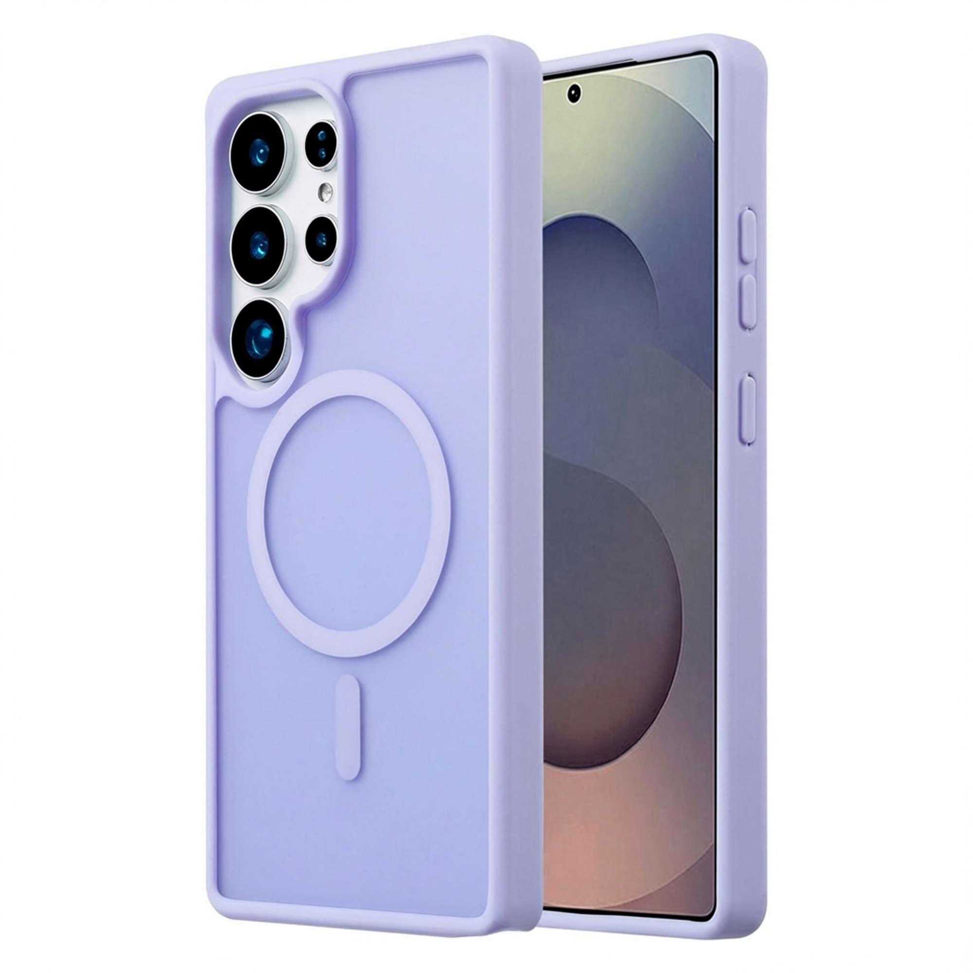 Une coque de téléphone lavande avec découpe caméra et anneau magnétique circulaire.