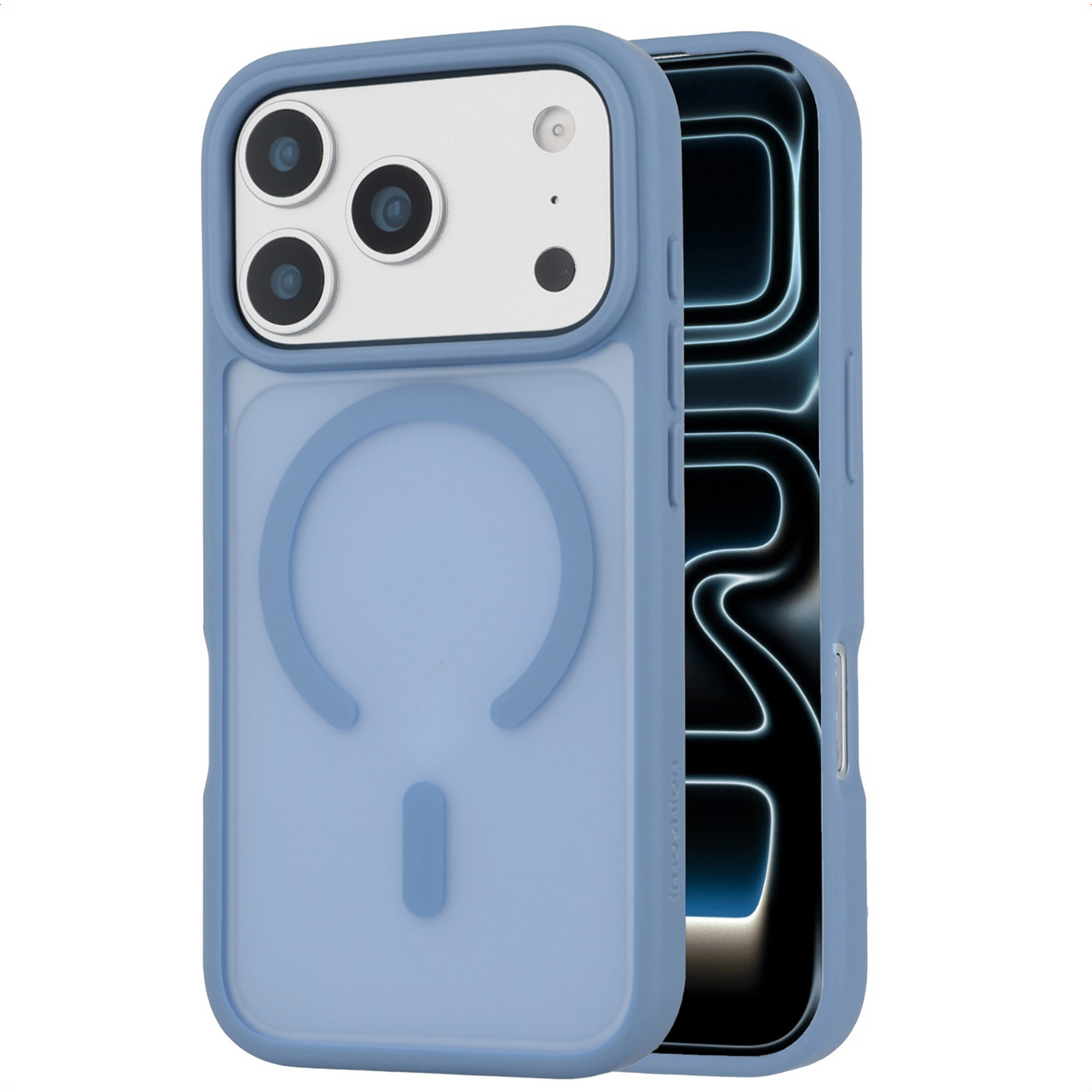 Blauw telefoonhoesje met drie cameralenzen en magnetische cirkel.