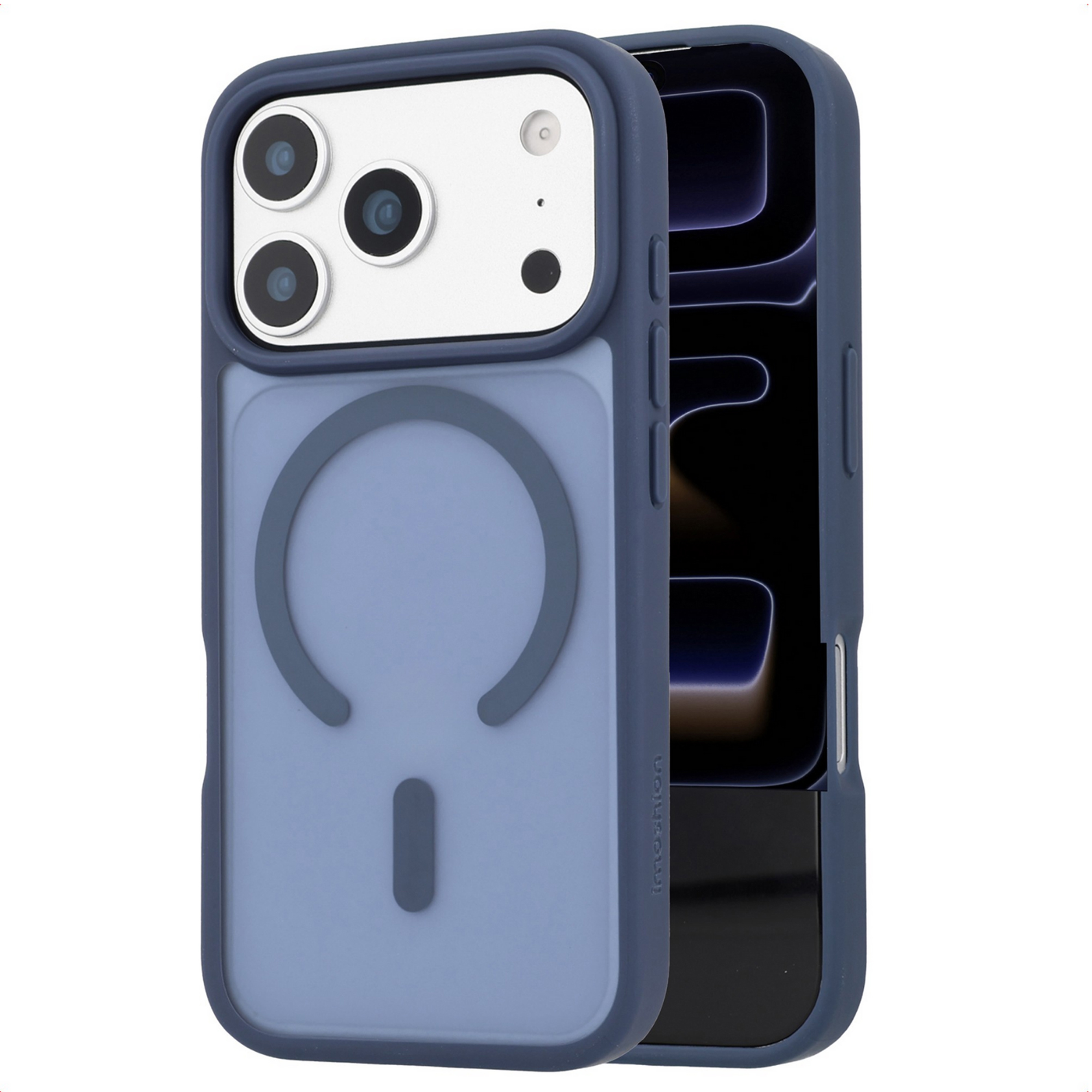 Donkerblauwe iPhone case met camerablok en magische cirkel.