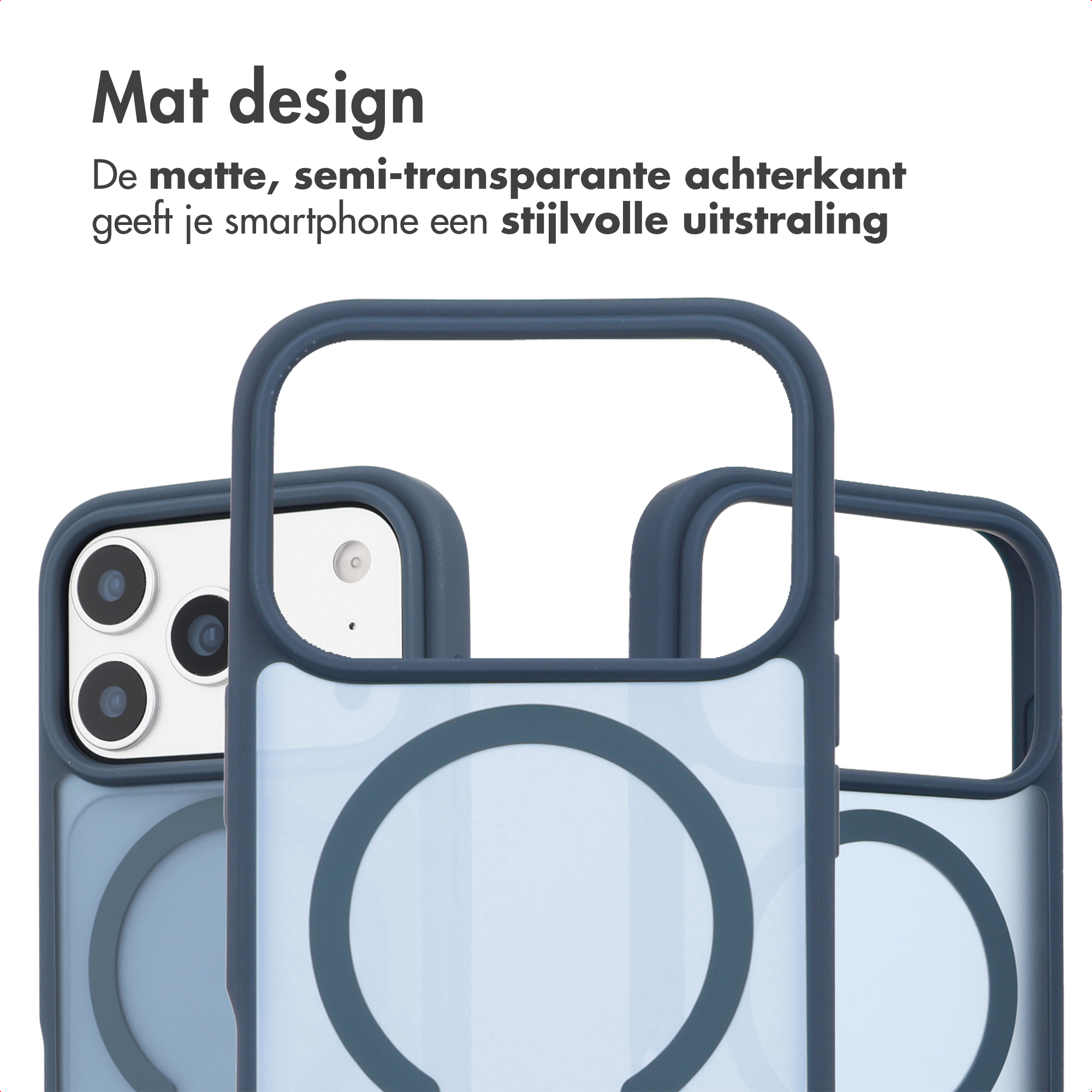 Drie donkerblauwe telefoonhoesjes met matte, semi-transparante achterkant en cameragat.
