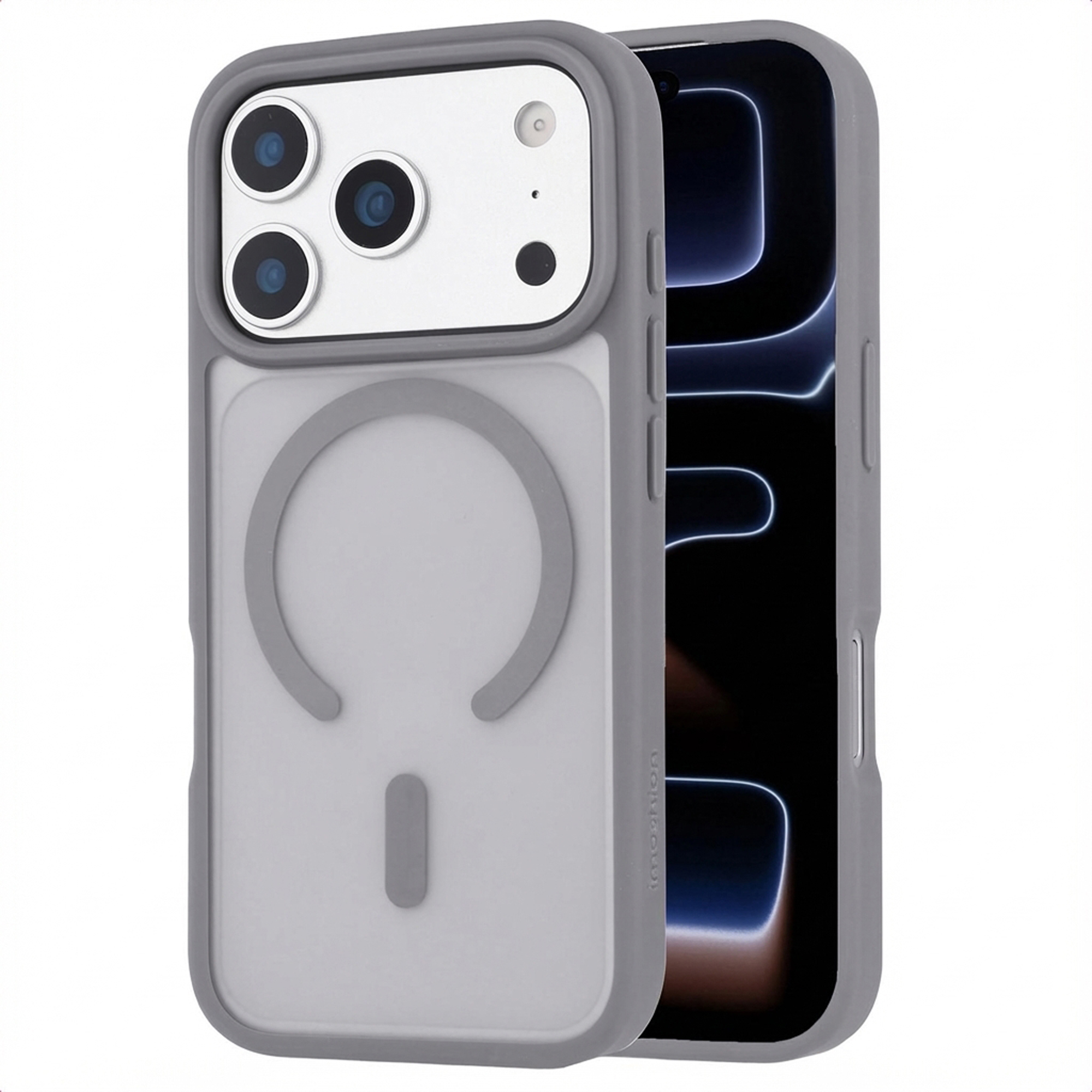 Grijze telefoonhoes met drie cameralenzen en magneetring op wit.