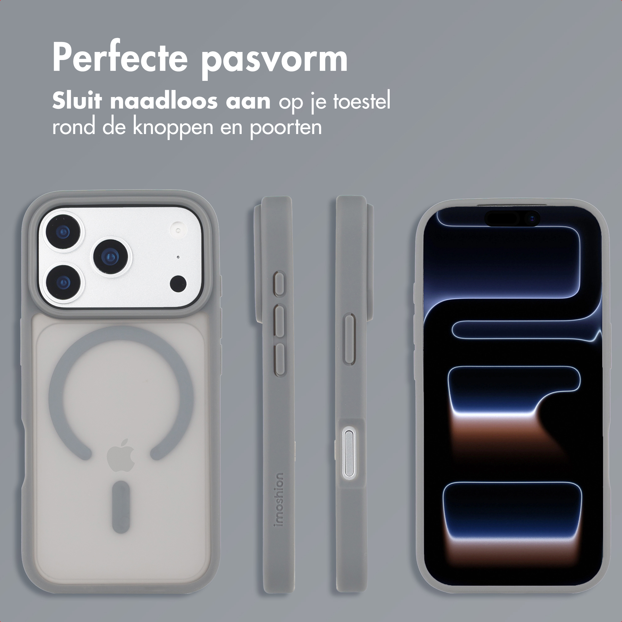 Grijze telefoonhoes met MagSafe-logo en drie camera's aan de achterkant.