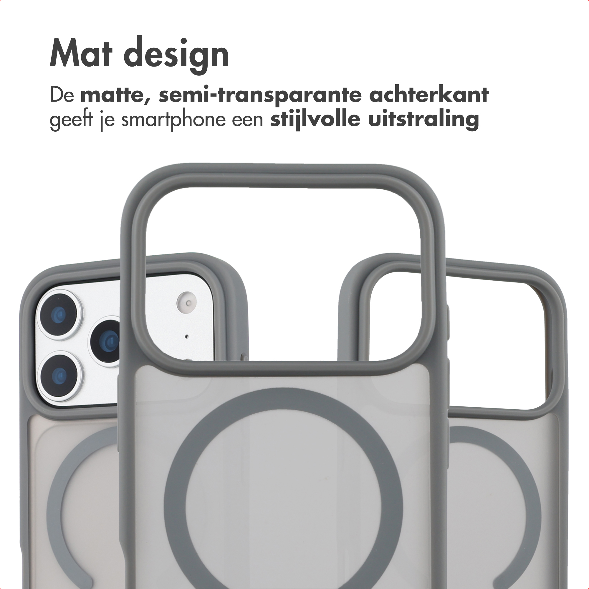 Drie grijze telefoonhoesjes met halfdoorzichtig design en MagSafe ring.