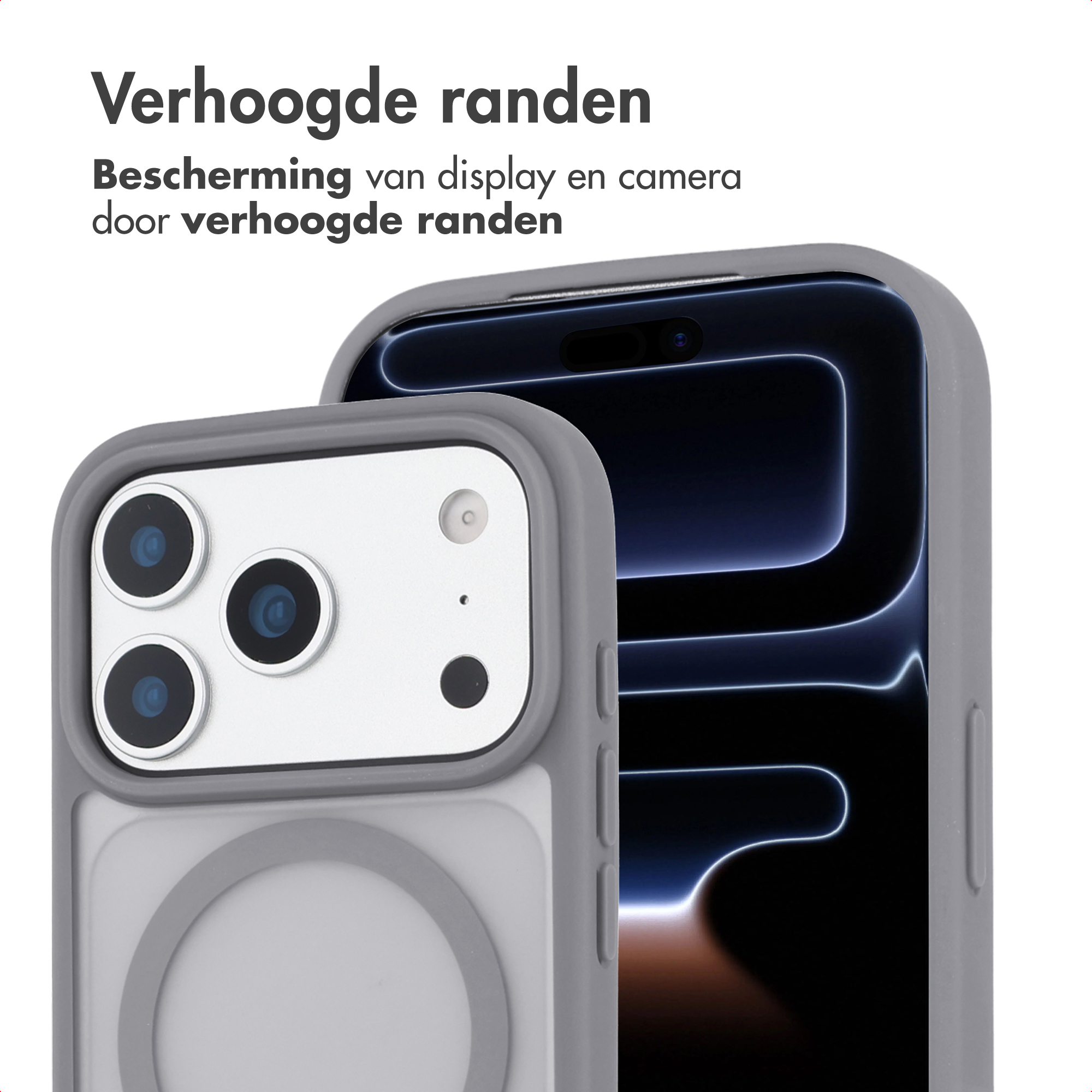 Grijze telefoonhoes toont camera's en scherm met blauwe lijnen.