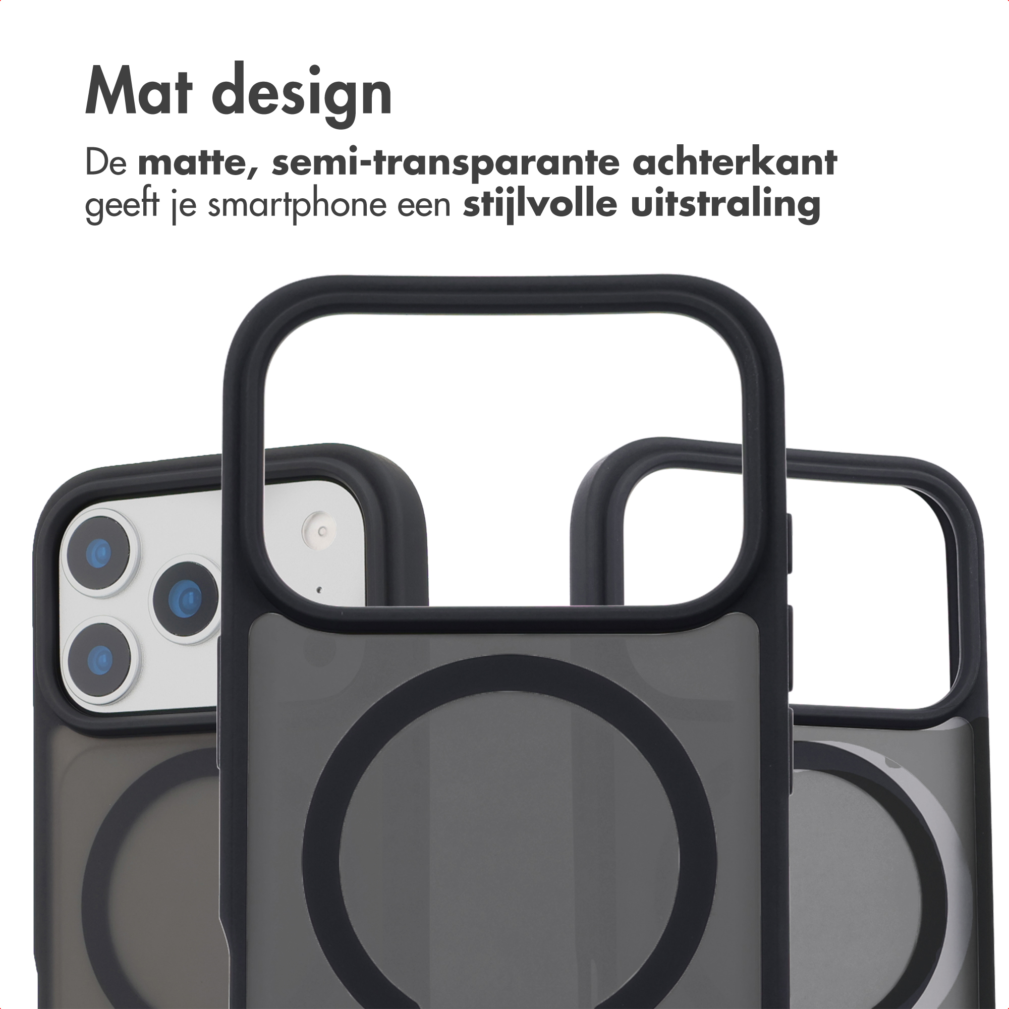 Drie zwarte telefoonhoesjes met matte achterkant en camera-uitsparing.