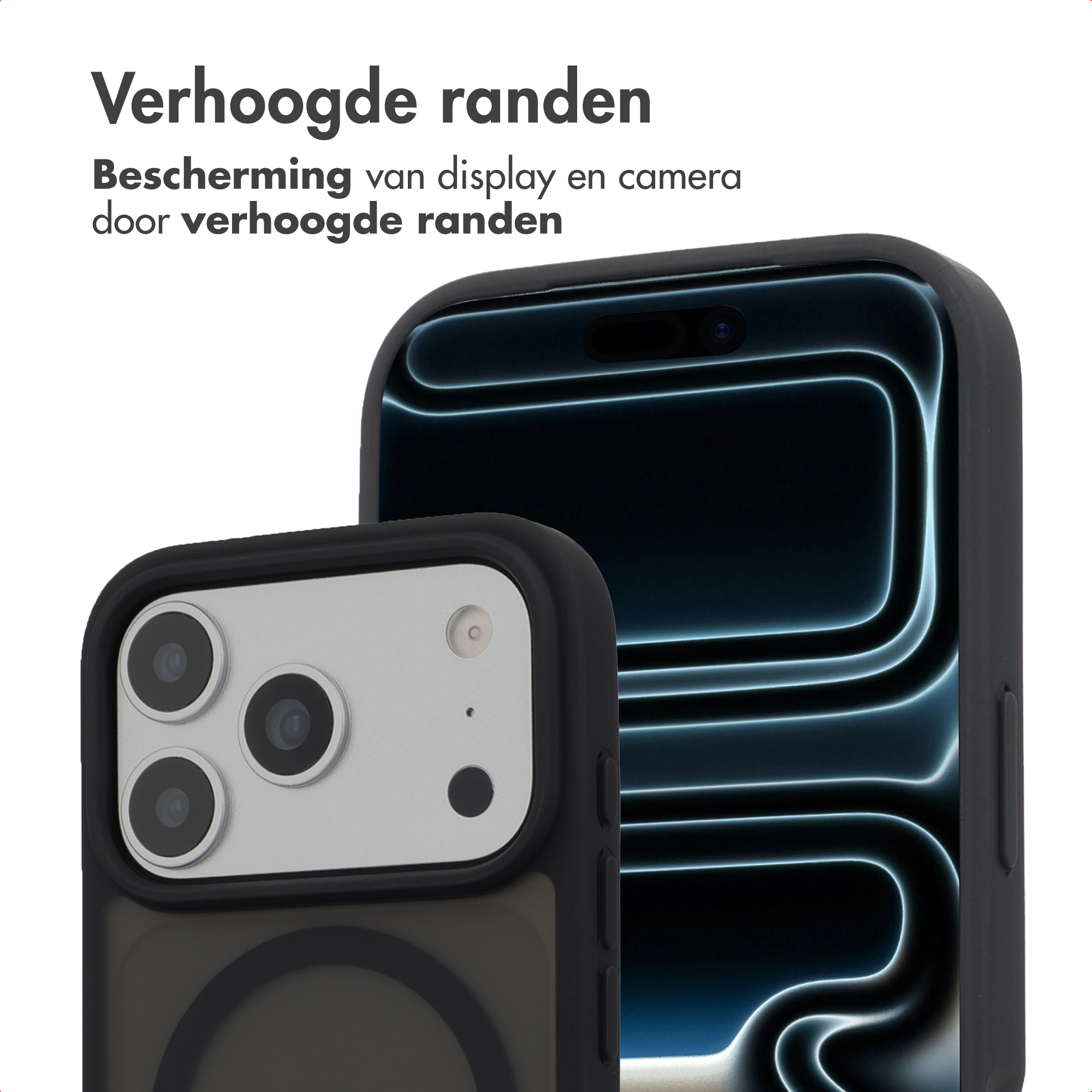 Twee zwarte telefoonhoesjes, één met camera's, de andere met een gloeiend scherm.