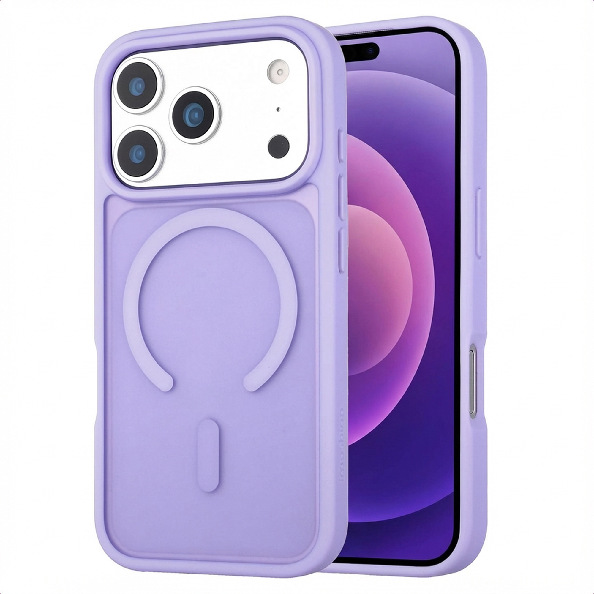 Lavendelkleurige telefoonhoes met camera-uitsparing en MagSafe-cirkel.