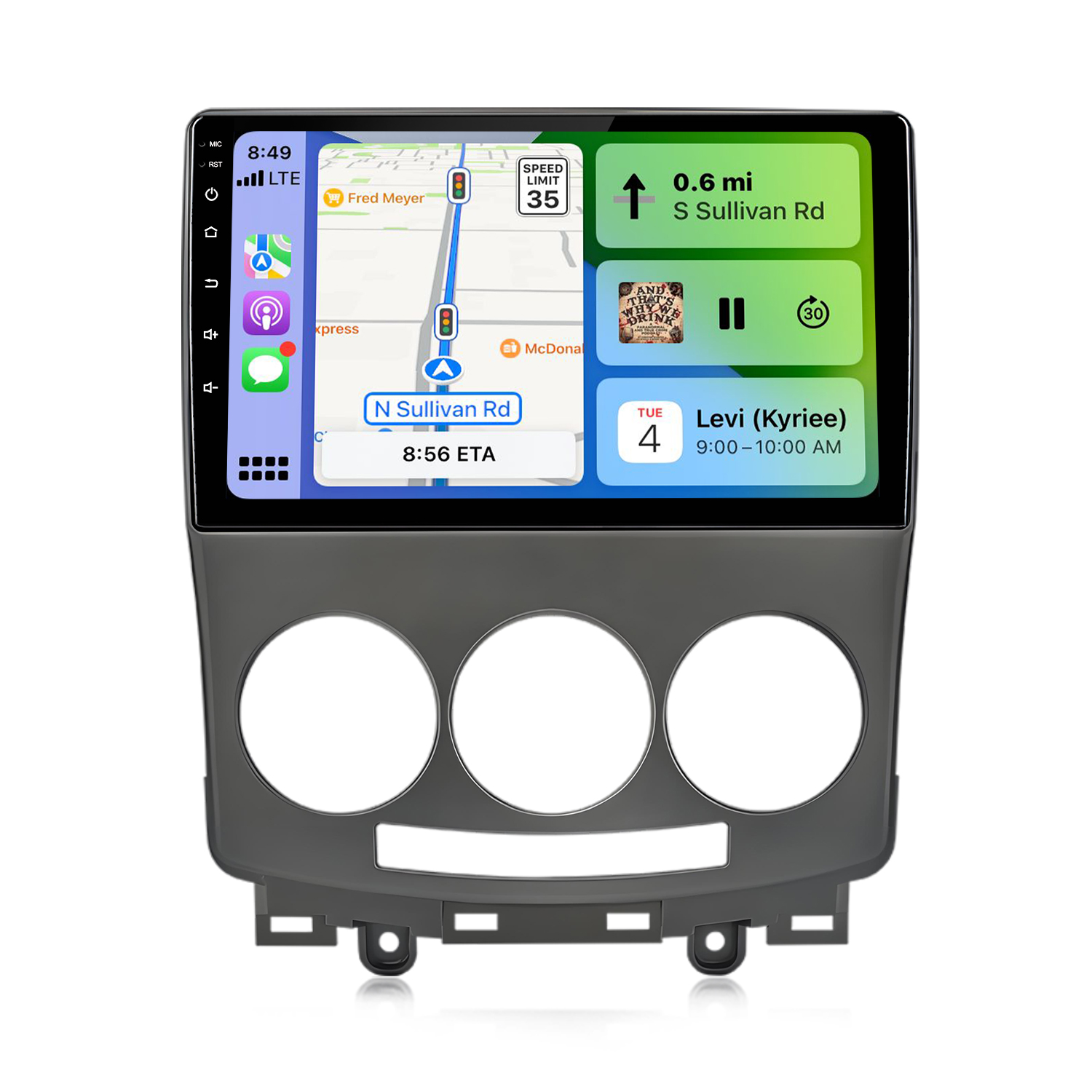 Un inserto cruscotto scuro con sistema di infotainment touchscreen.
