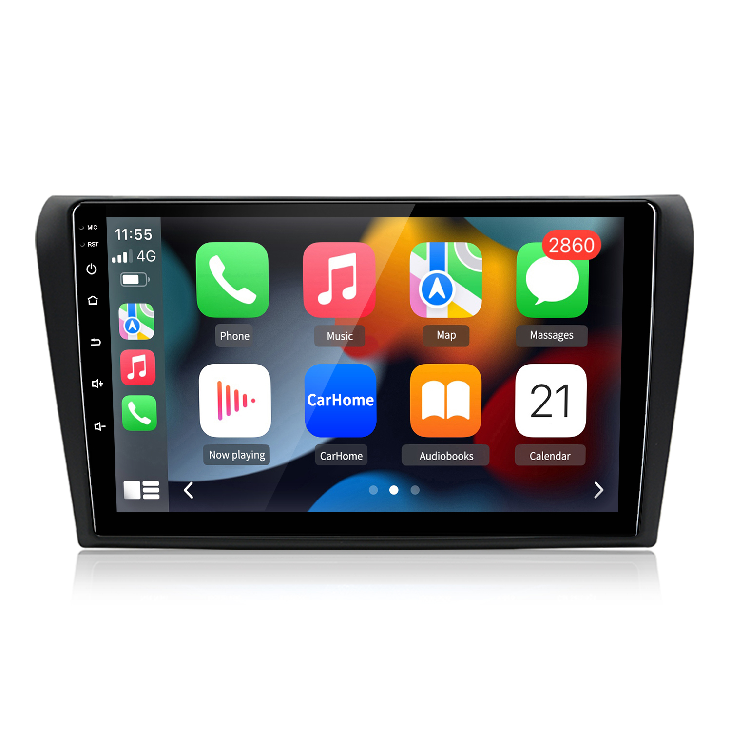 Un sistema di infotainment per auto mostra icone di app come Telefono, Musica, Mappa e Messaggi.