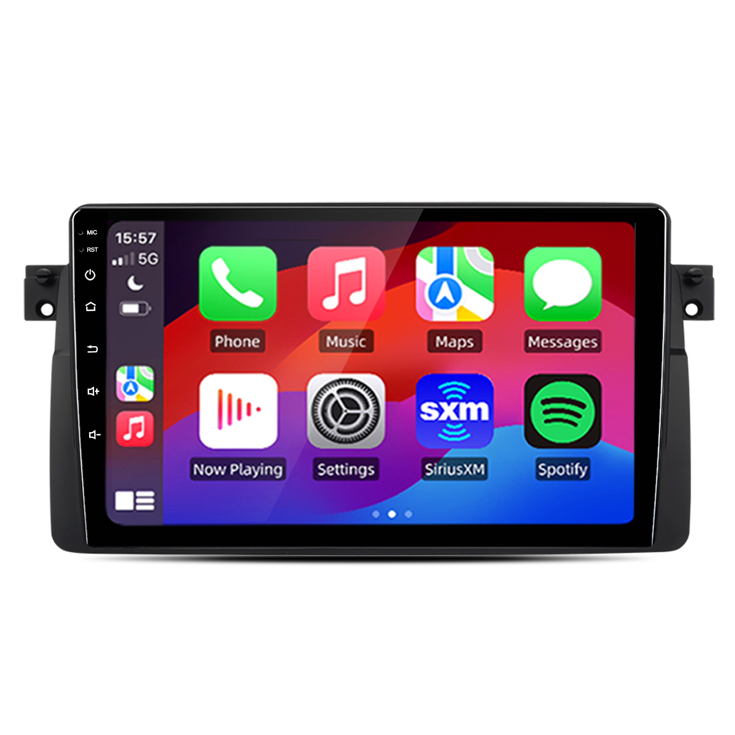 Un touchscreen di un autoradio mostra icone di app come Telefono, Musica e Mappe.