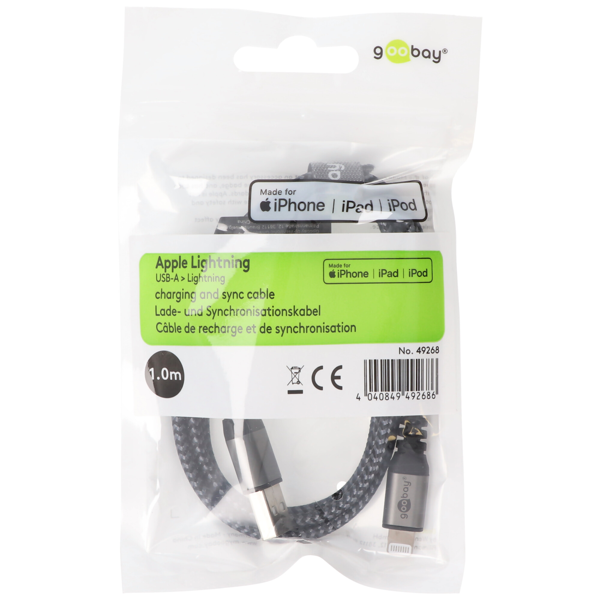 Goobay Lightning Ladekabel für iPhone, iPad, iPod mit USB-A Anschluss.