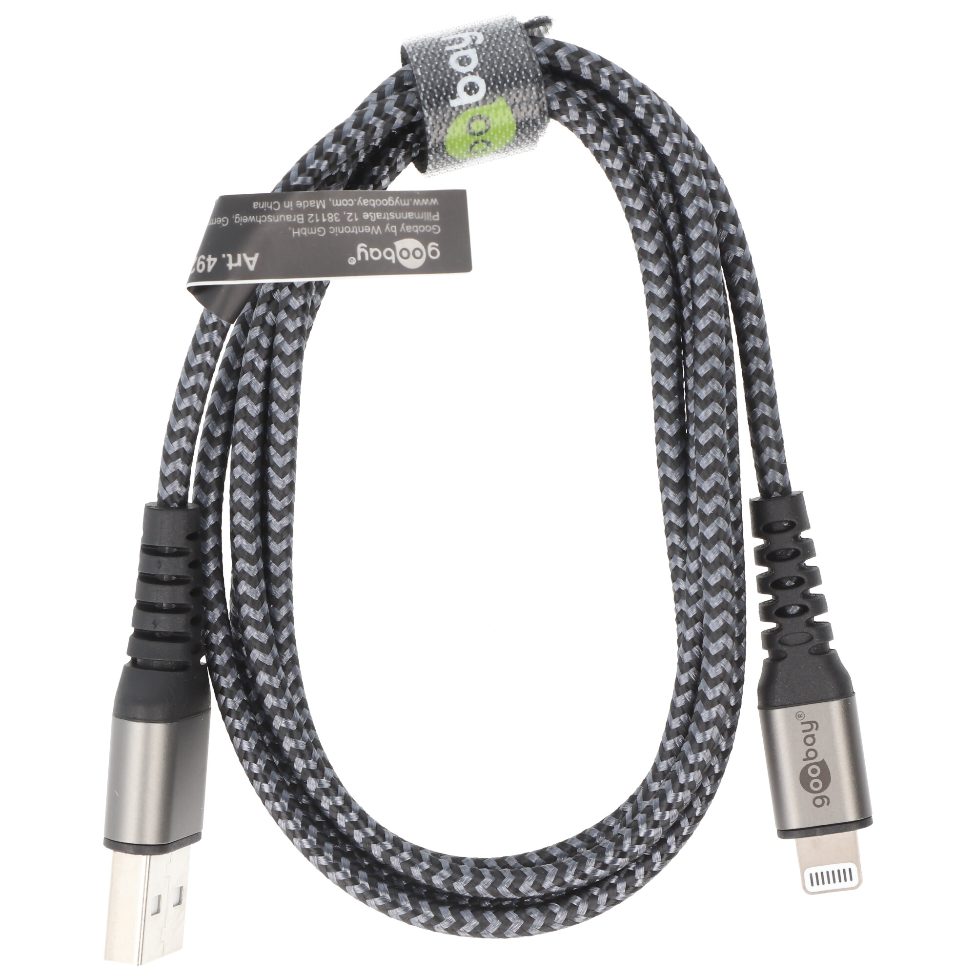 Ein graues und schwarzes geflochtenes USB-zu-Lightning-Kabel mit Schriftzug.