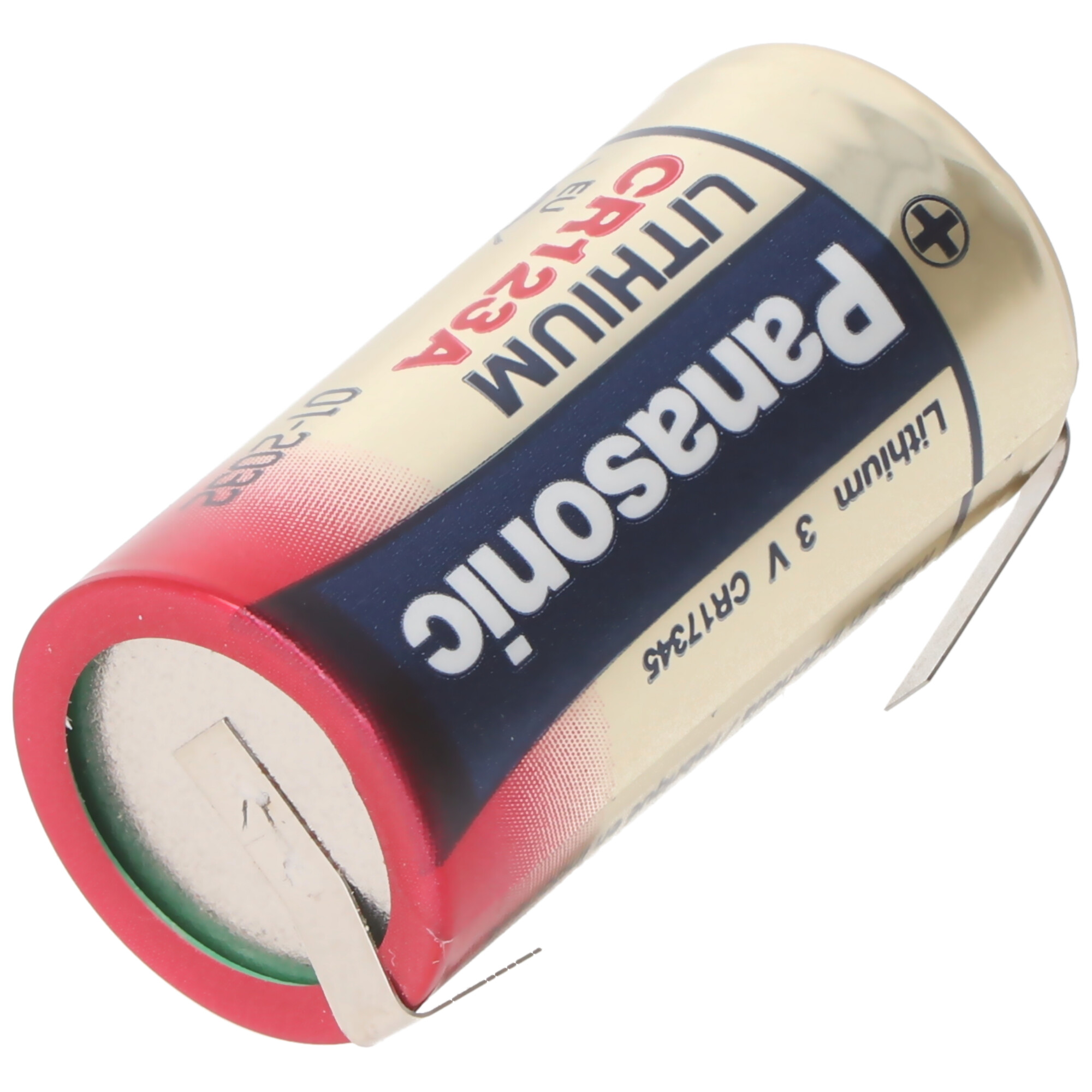 Een Panasonic CR123A lithiumbatterij met rode en blauwe markeringen.