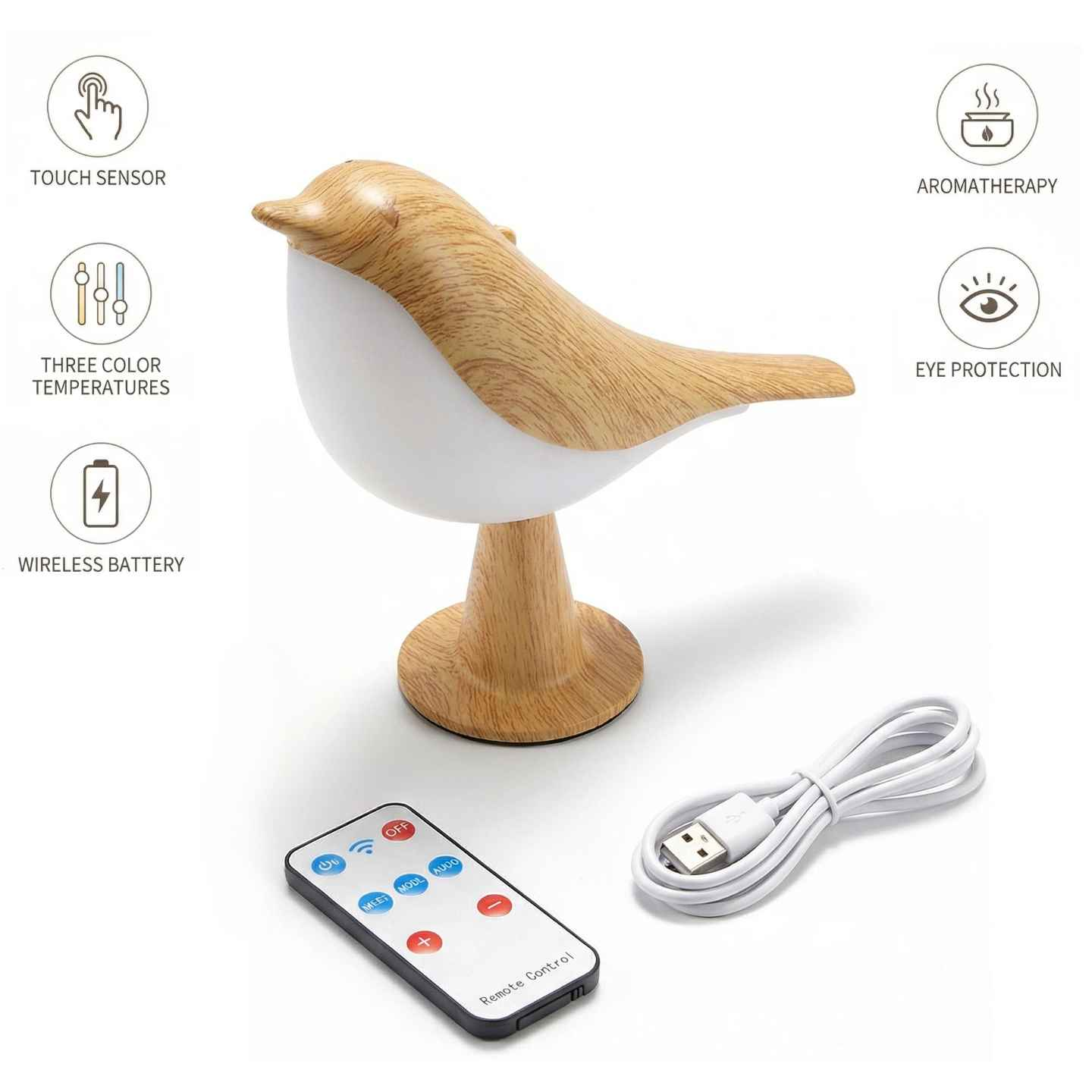 Vogelförmige Lampe mit Holzakzenten, Fernbedienung und USB-Kabel auf weißem Grund.