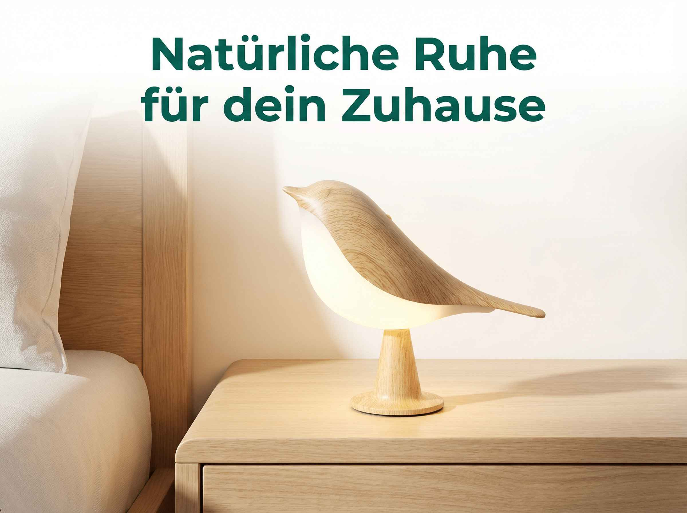 Holzlampe in Vogelform auf Nachttisch neben Bett.
