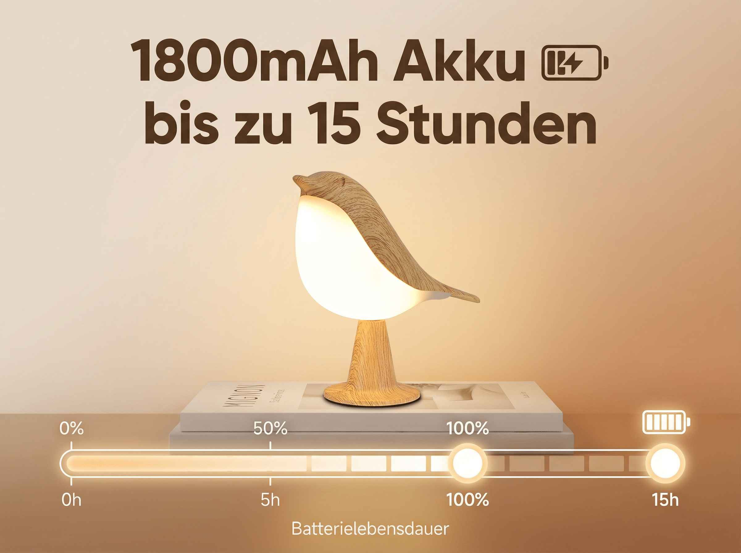 Holzlampe in Vogelform mit 1800mAh Akku, bis zu 15 Std. Laufzeit.