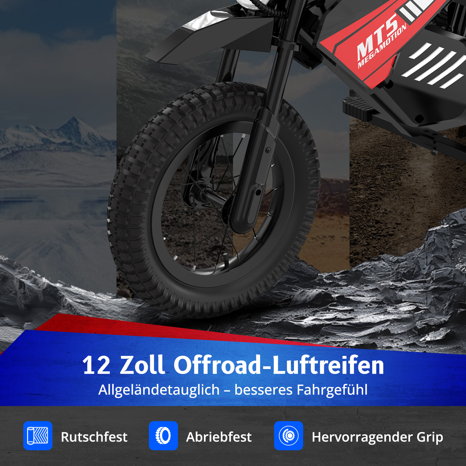 Detailansicht eines schwarzen Mountainbikes mit rotem MT5-Logo, 12-Zoll-Reifen.