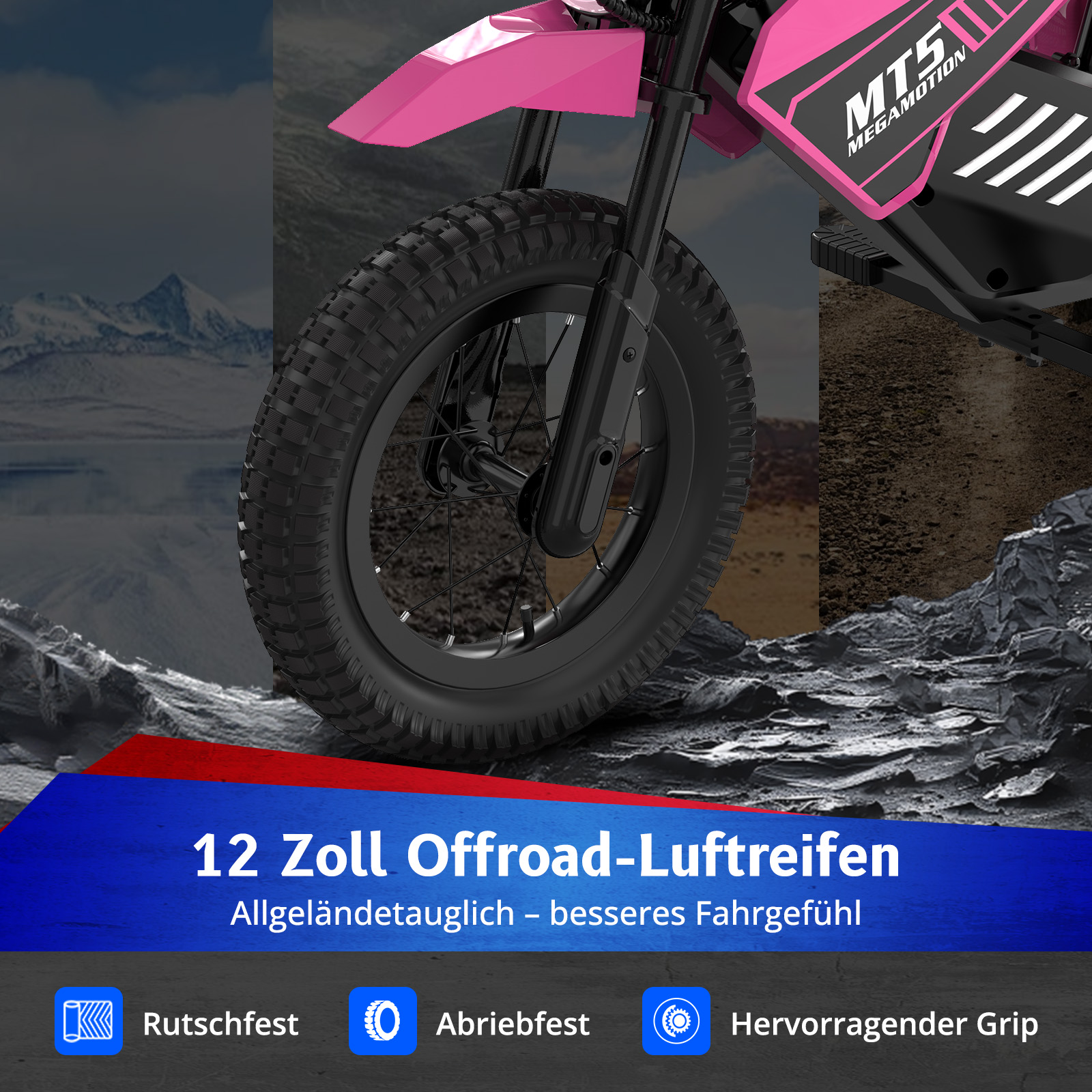 Ein pinkes Motorrad mit grobstolligen Reifen und Text.