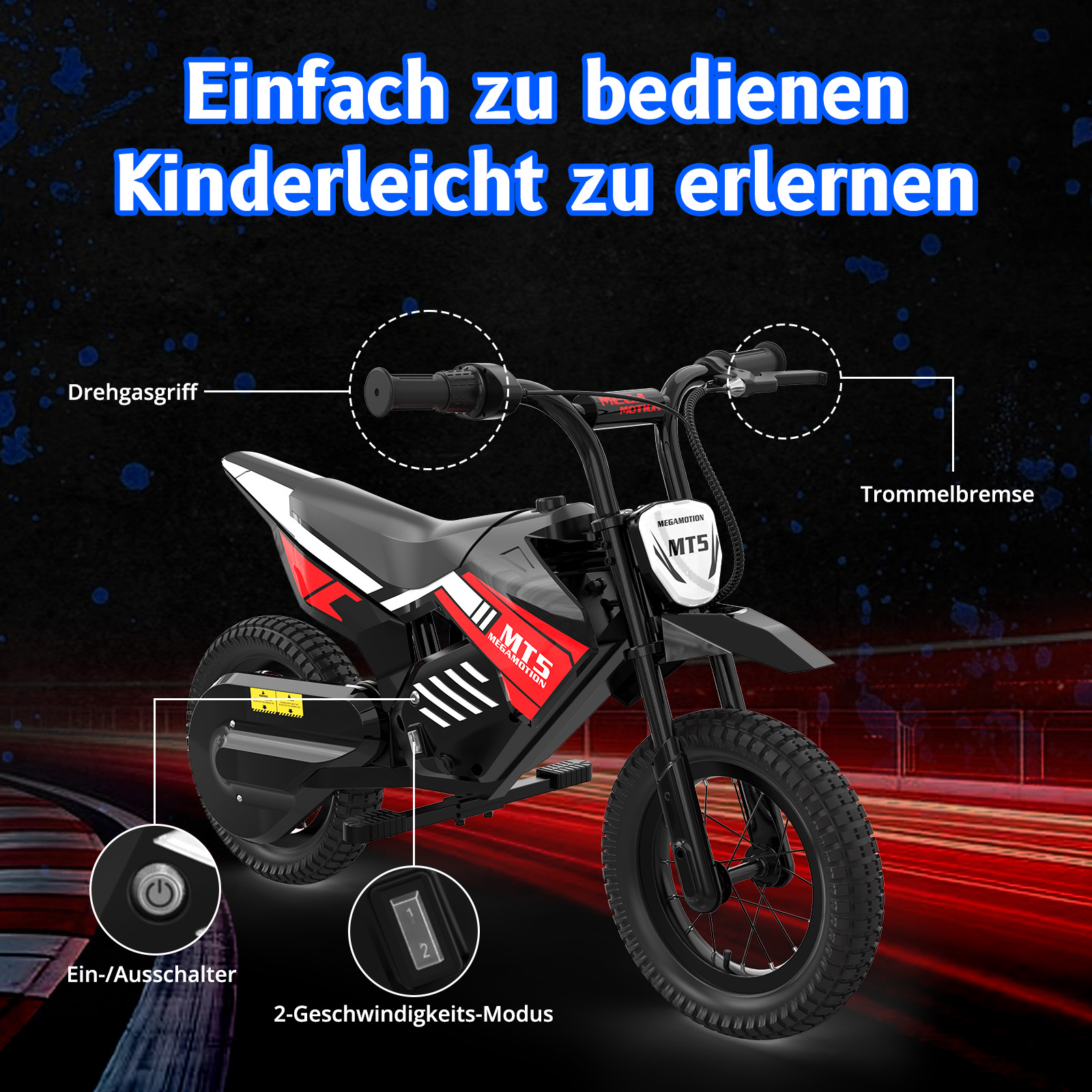 Ein schwarzes Kinder-Elektromotorrad mit roten Akzenten und Bedienelementen.