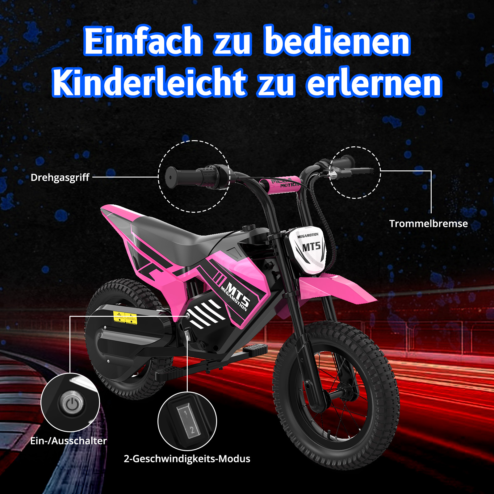 Eine pinke Kinder-Dirtbike mit Beschriftungen, die Bedienelemente zeigen.