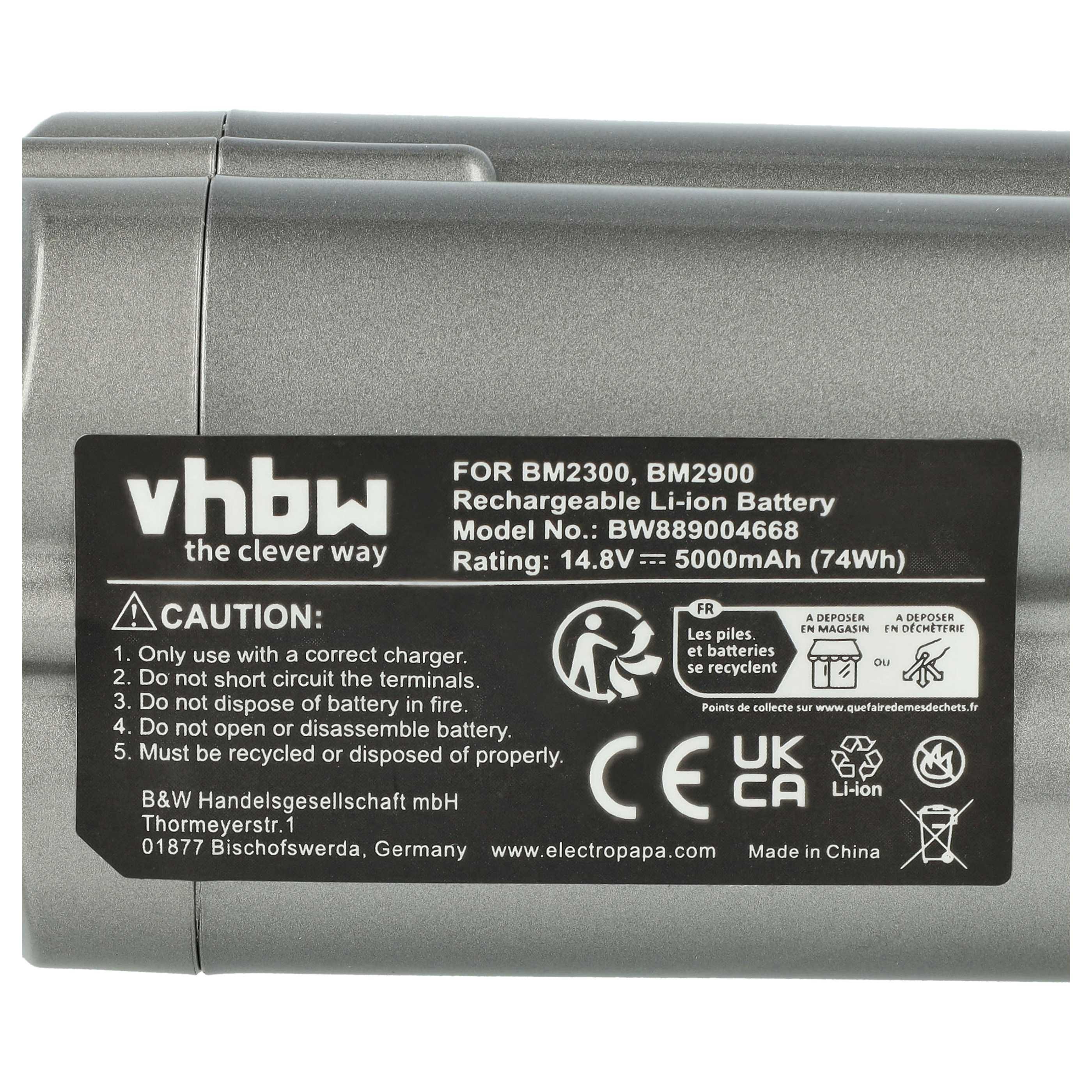 Graue Li-Ion-Batterie mit Warnhinweisen und Recycling-Symbolen.