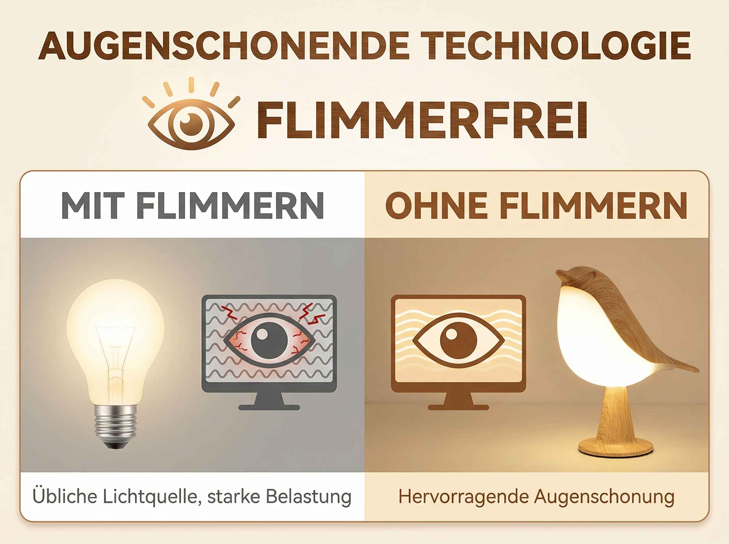 Vergleich von Lichtquellen: Glühbirne und Monitor mit flimmernder Anzeige vs. Monitor mit flimmerfreier Anzeige und Vogel-Nachttischlampe.