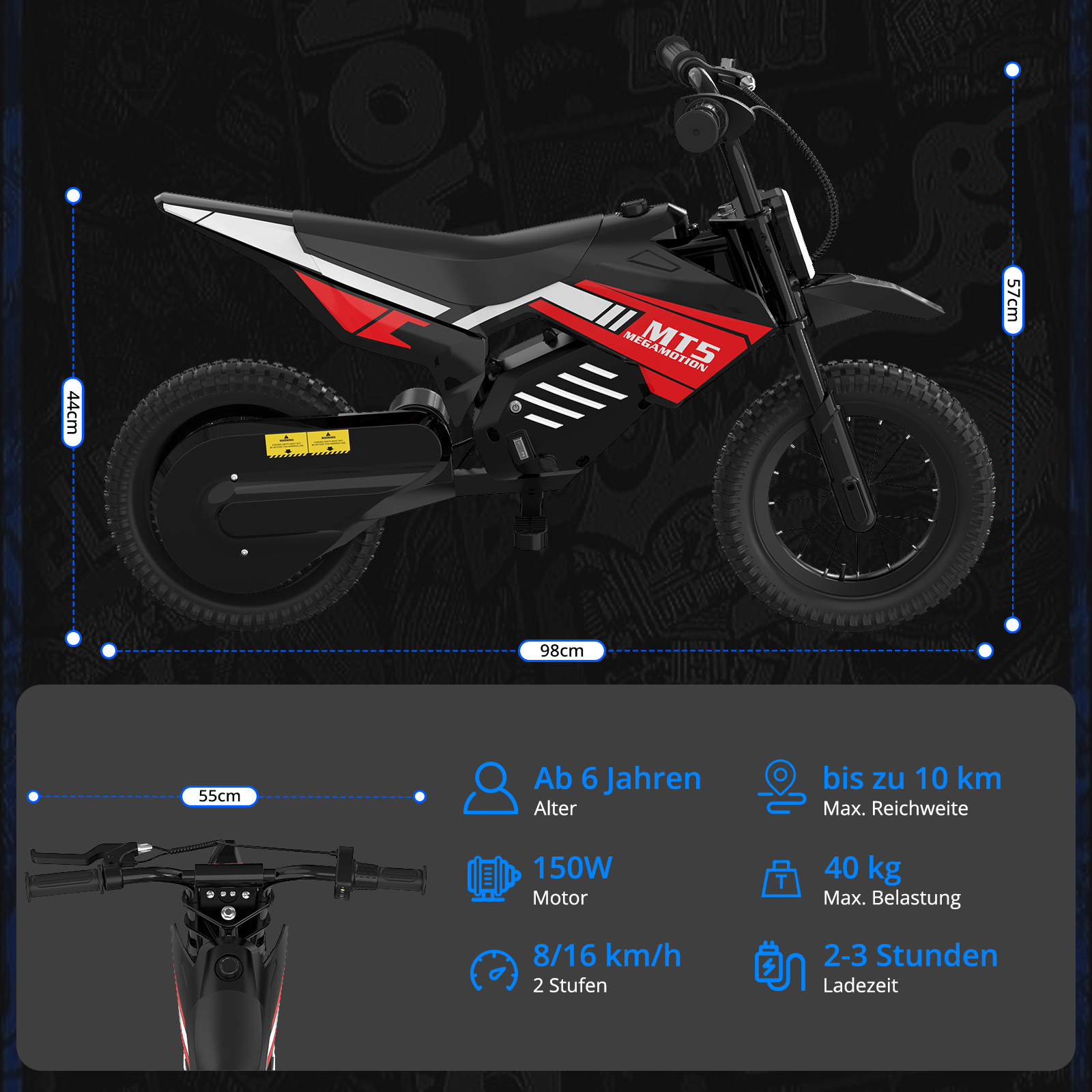 Ein schwarzes Kindermotorrad mit roten Akzenten, 98cm lang, 44cm hoch.