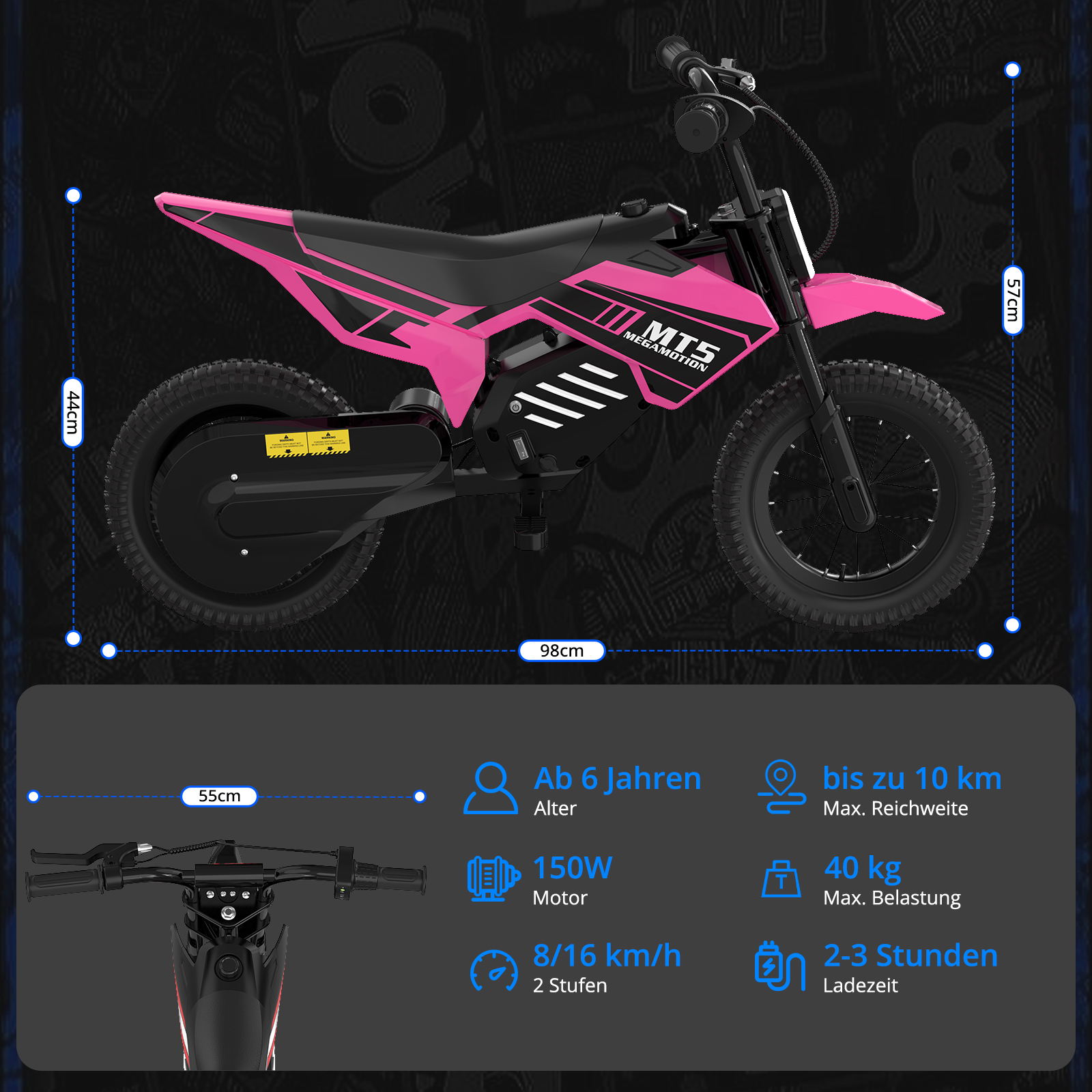 Ein pinkes Elektromotorrad für Kinder, 98cm lang, 44cm hoch.