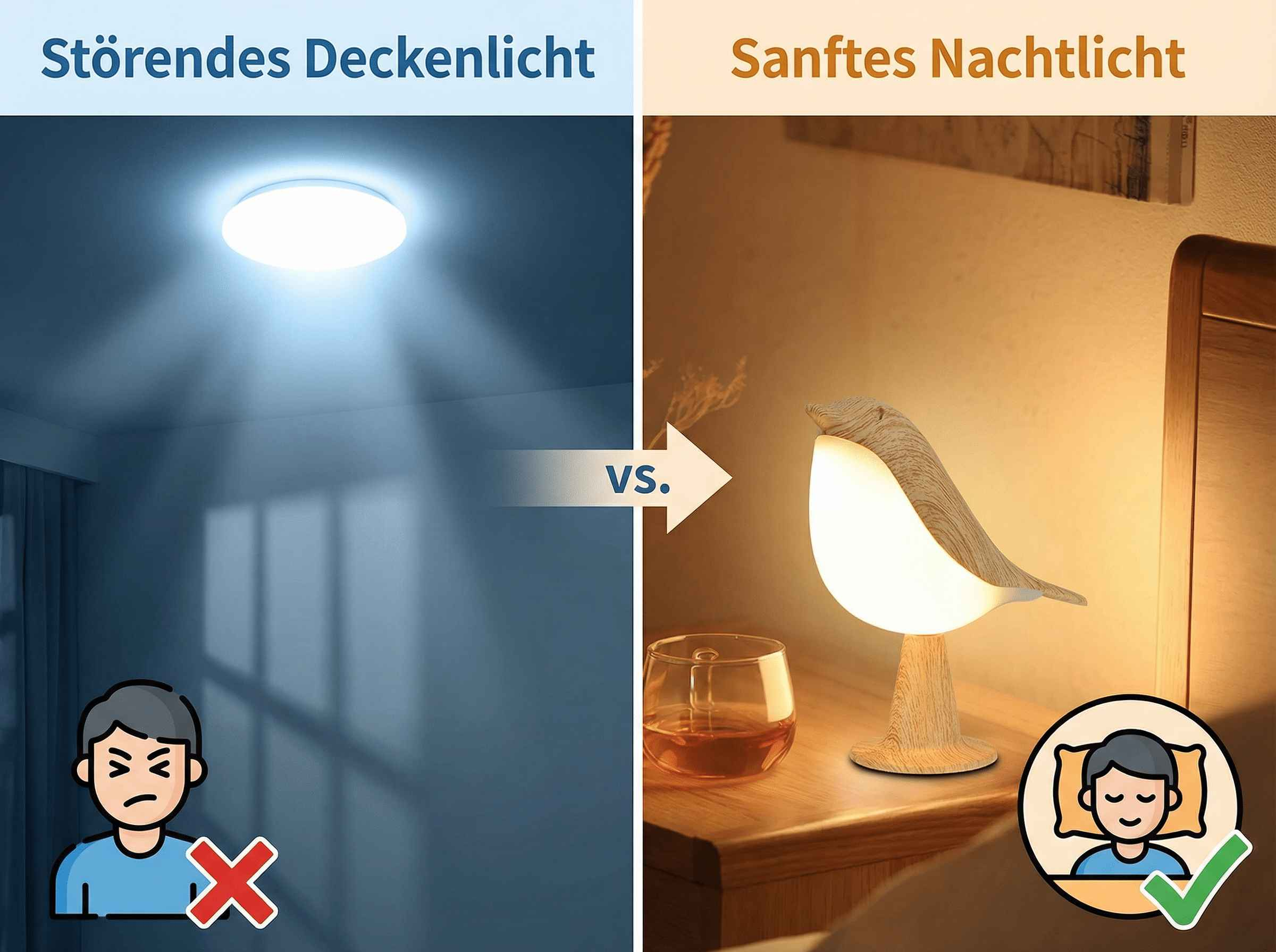 Vergleich: Störendes Deckenlicht vs. sanftes Nachtlicht mit Vogel-Lampe.