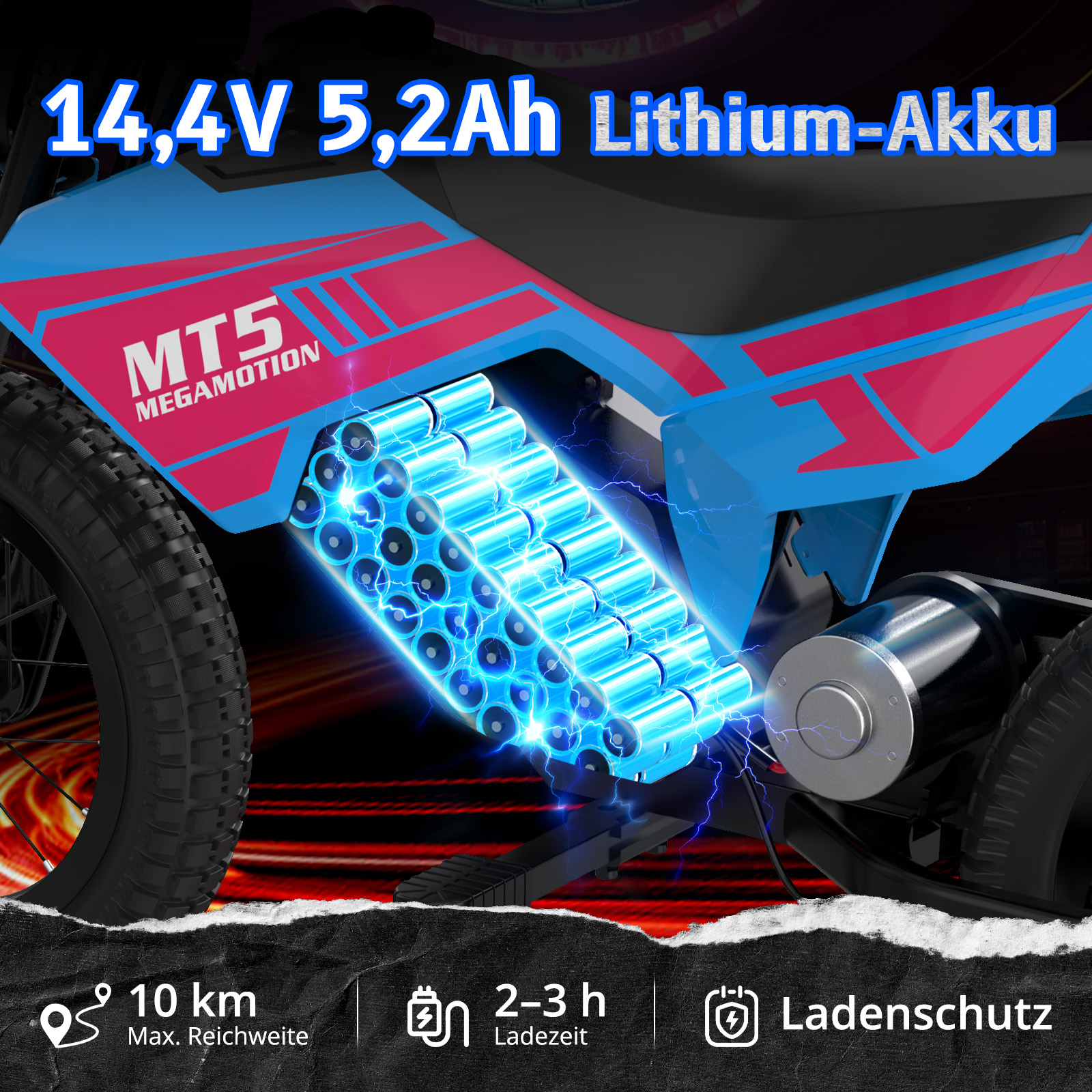 Blauer Roller mit leuchtenden Lithium-Ionen-Akkus und Textanzeigen.