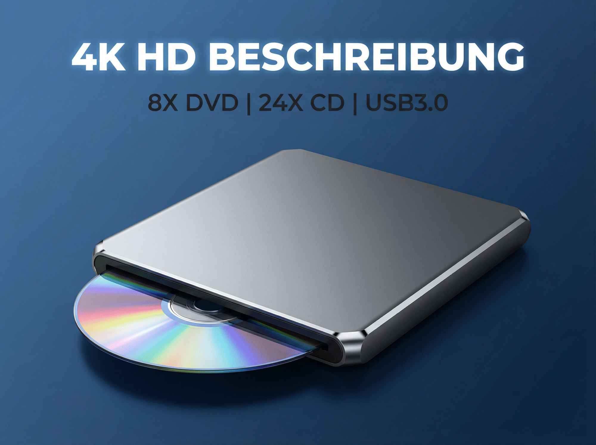 Ein silbernes externes Laufwerk mit einer CD, die teilweise eingeführt ist.