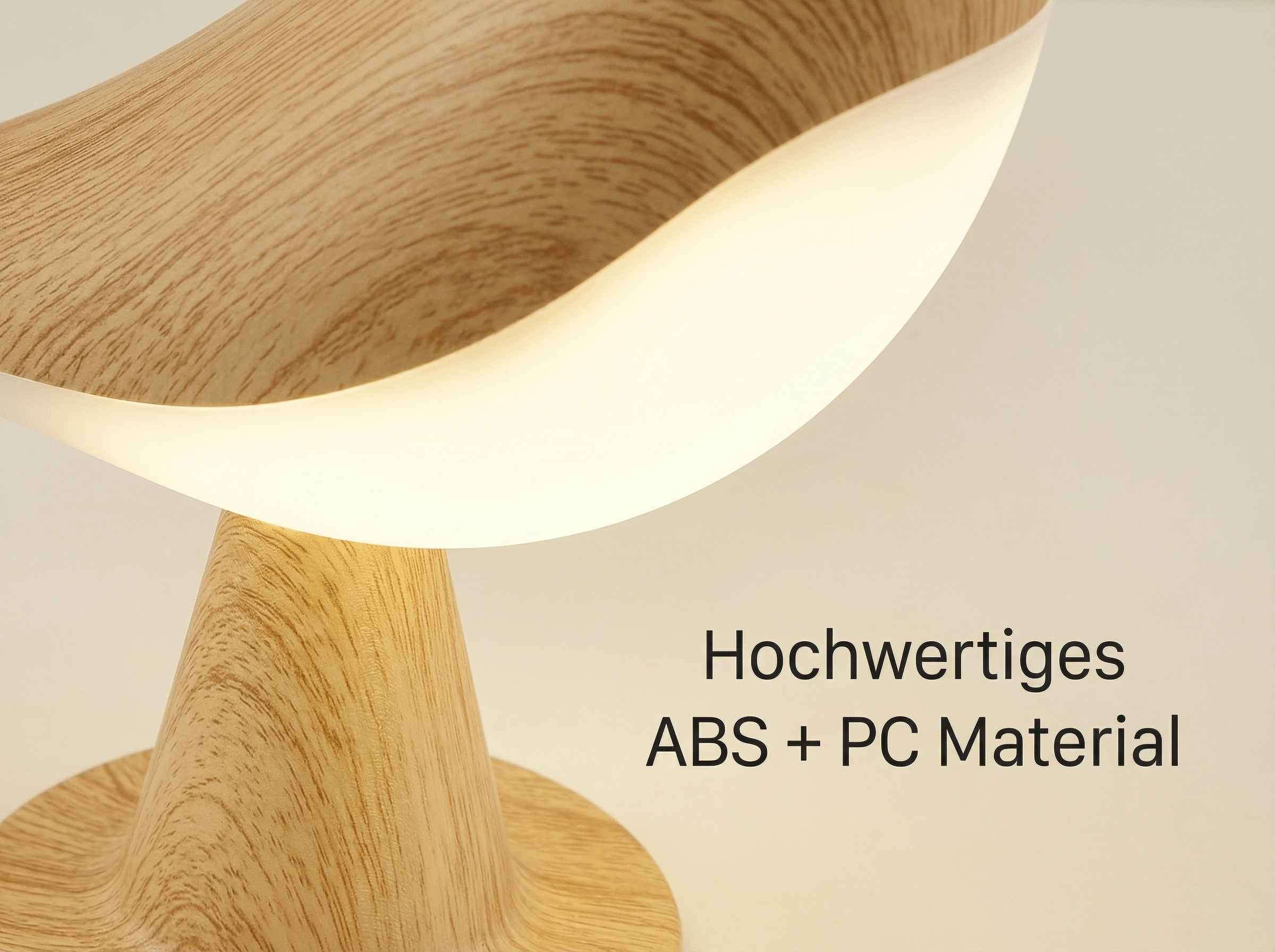 Eine Lampe mit Holzmaserung und weißem Lichtstreifen, mit Text.
